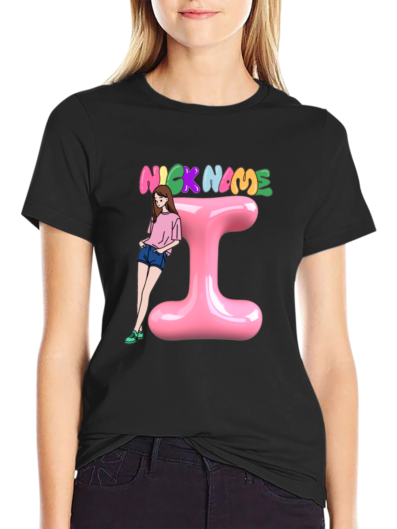 Trendy Black T-Shirt with Personalized Name Initial