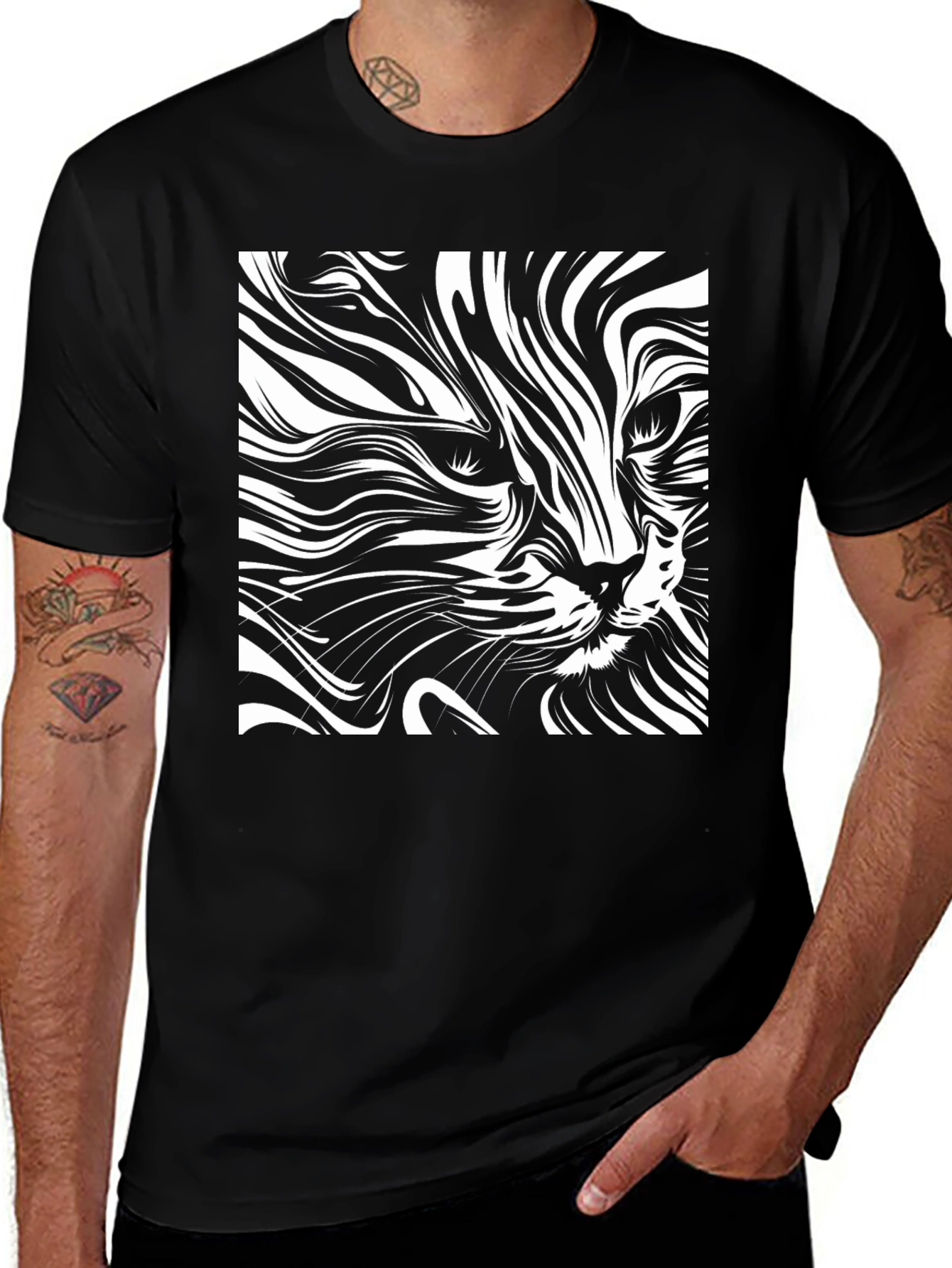 Abstract Cat Art T-Shirt - Black Cotton Tee