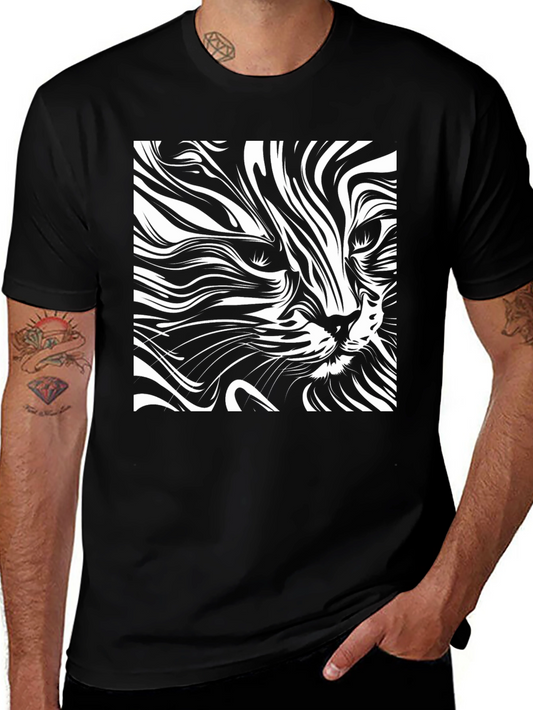 Abstract Cat Art T-Shirt - Black Cotton Tee