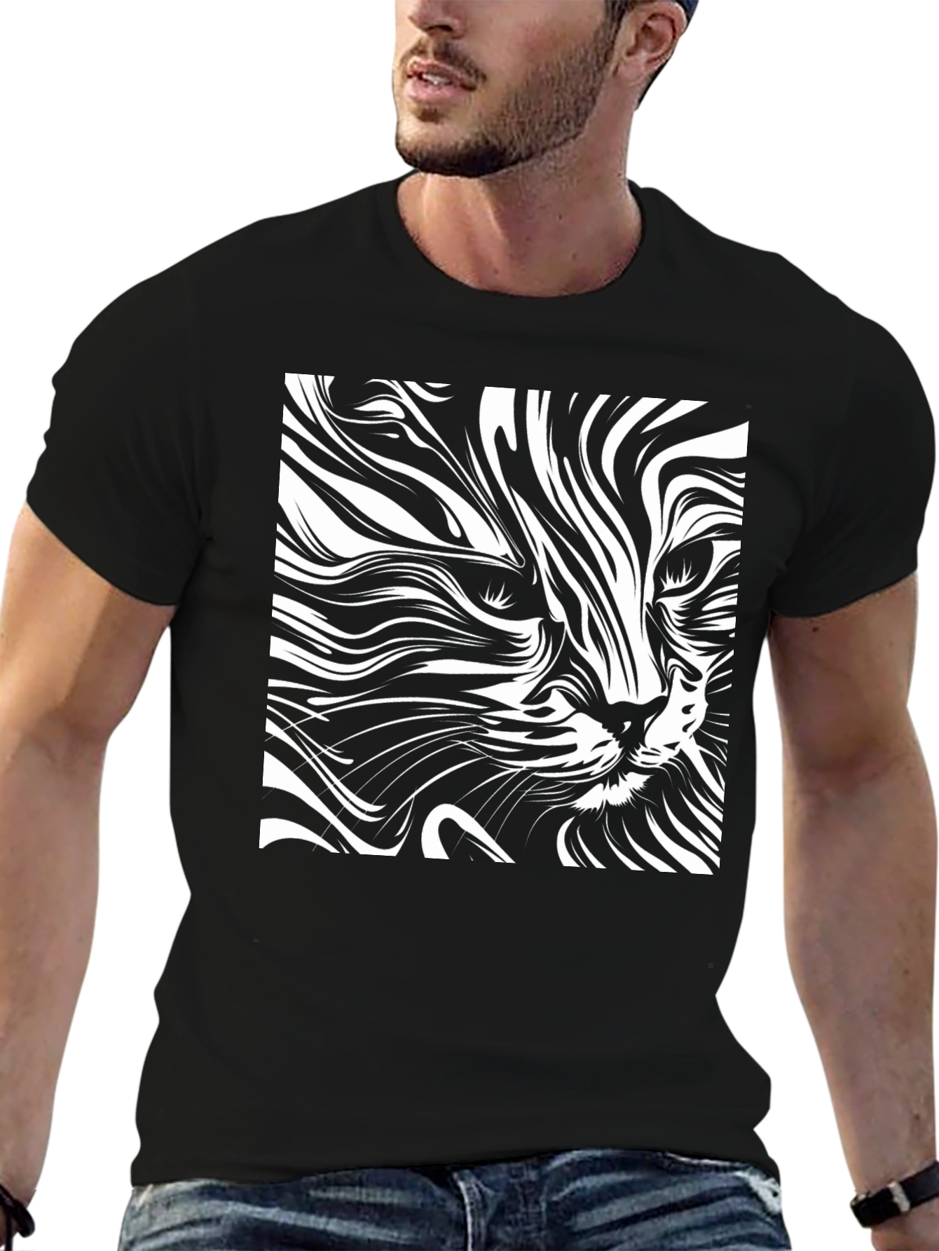 Abstract Cat Art T-Shirt - Black Cotton Tee