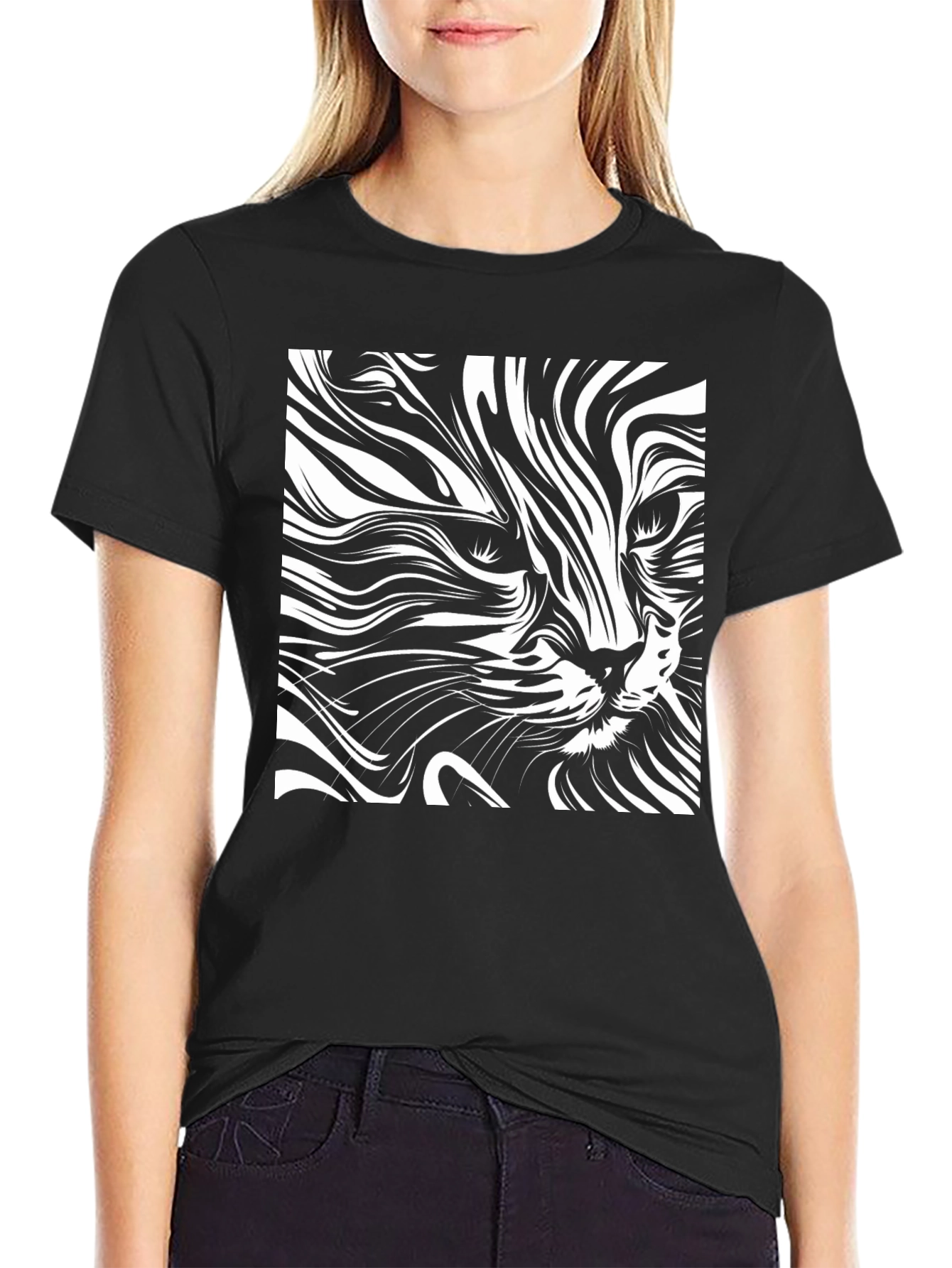 Abstract Cat Art T-Shirt - Black Cotton Tee