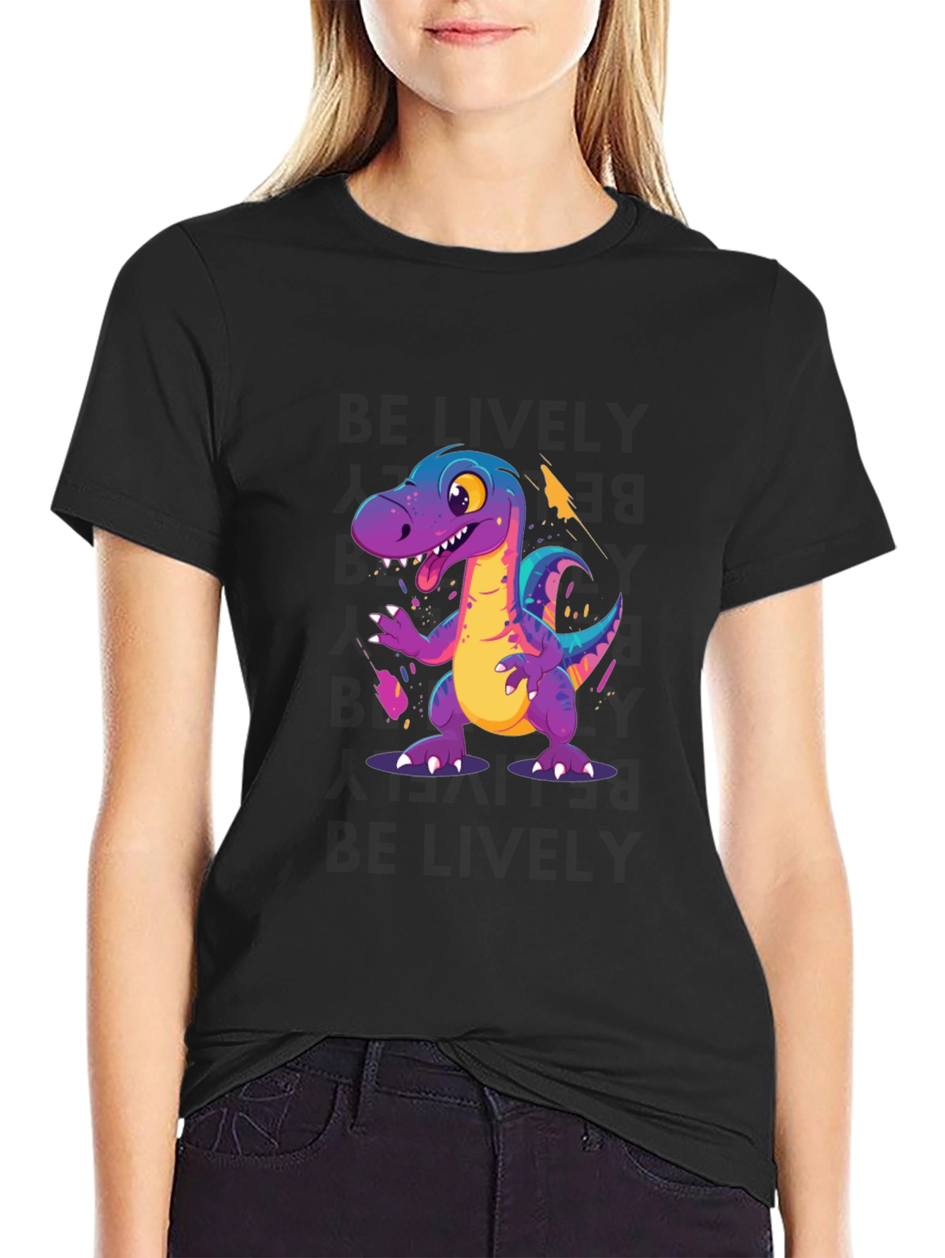 Cartoon Dinosaur Graphic Black T-Shirt