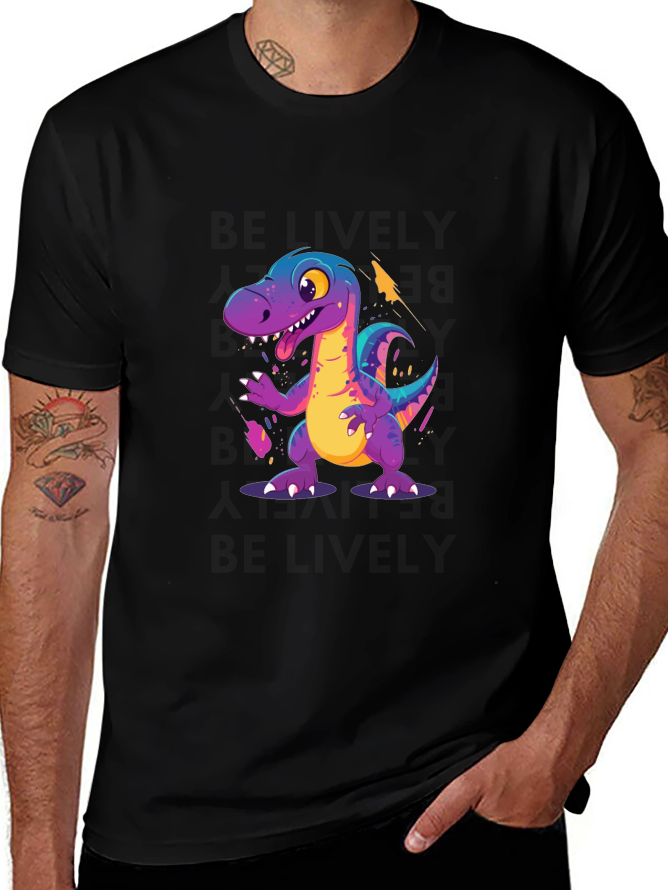 Cartoon Dinosaur Graphic Black T-Shirt