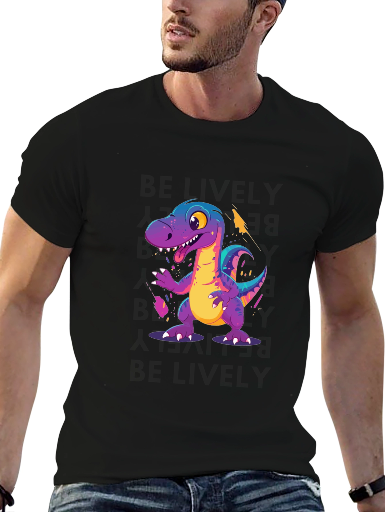 Cartoon Dinosaur Graphic Black T-Shirt
