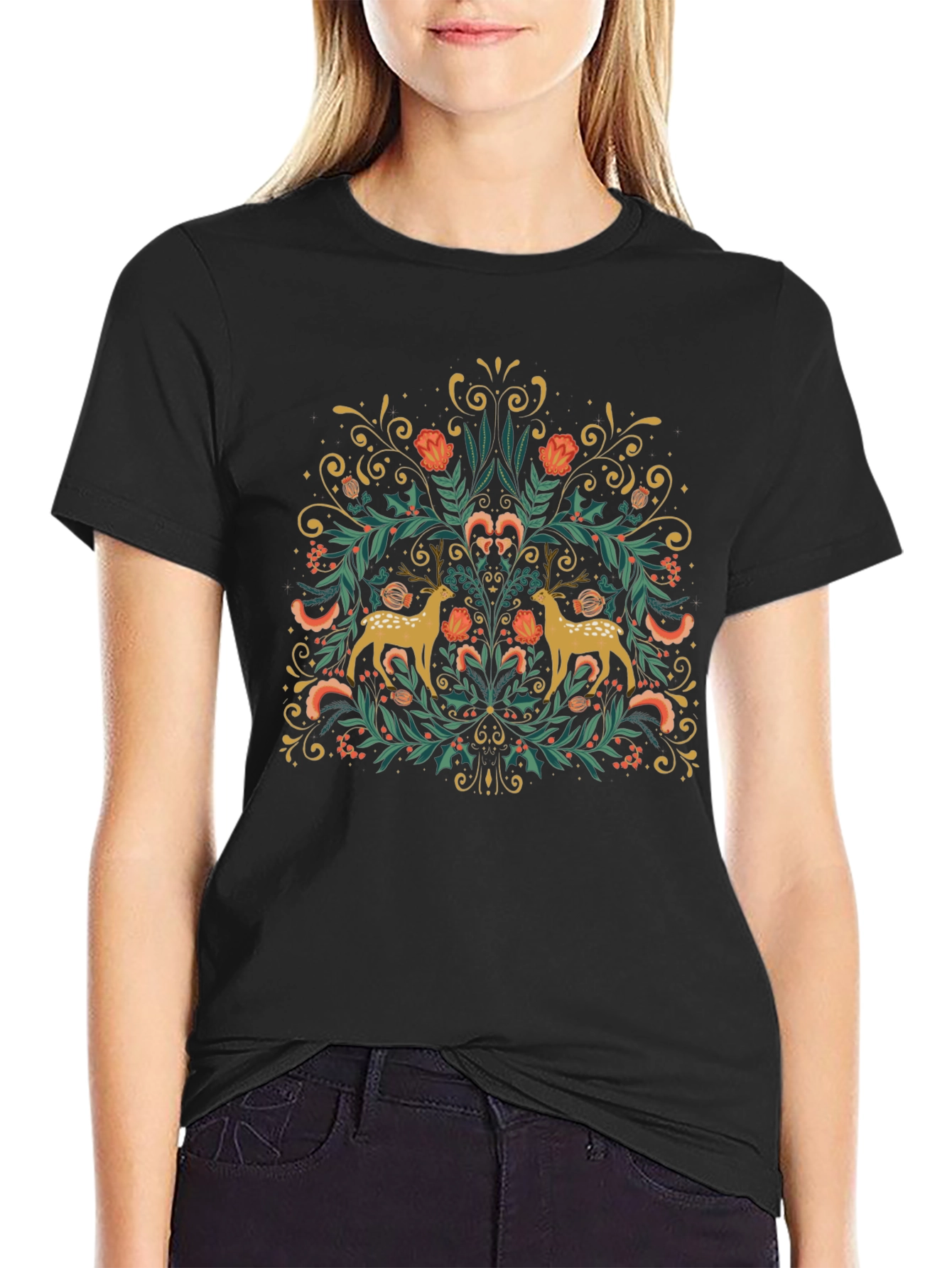 Floral Deer Graphic Tee - Black