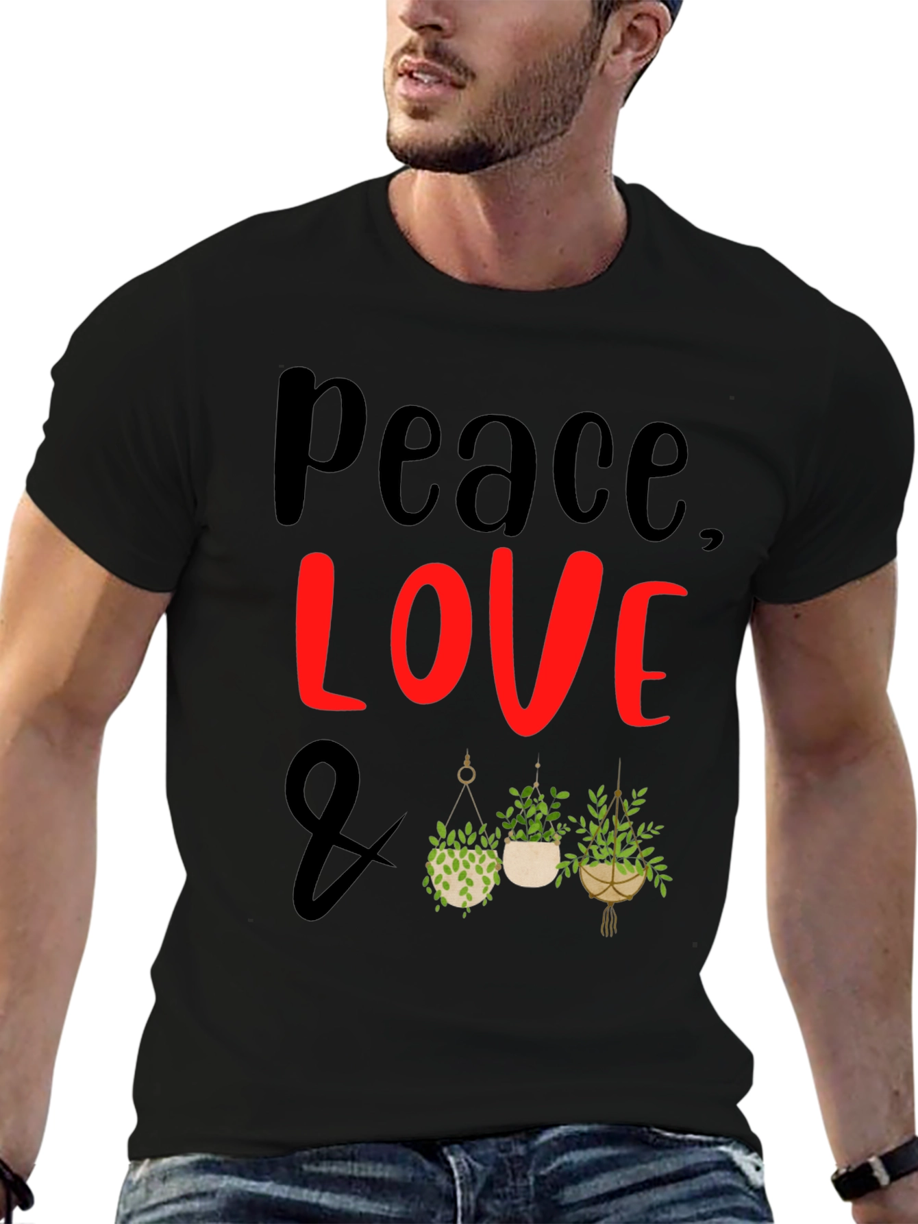 Peace Love Plants Graphic Tee - Black Casual T-Shirt
