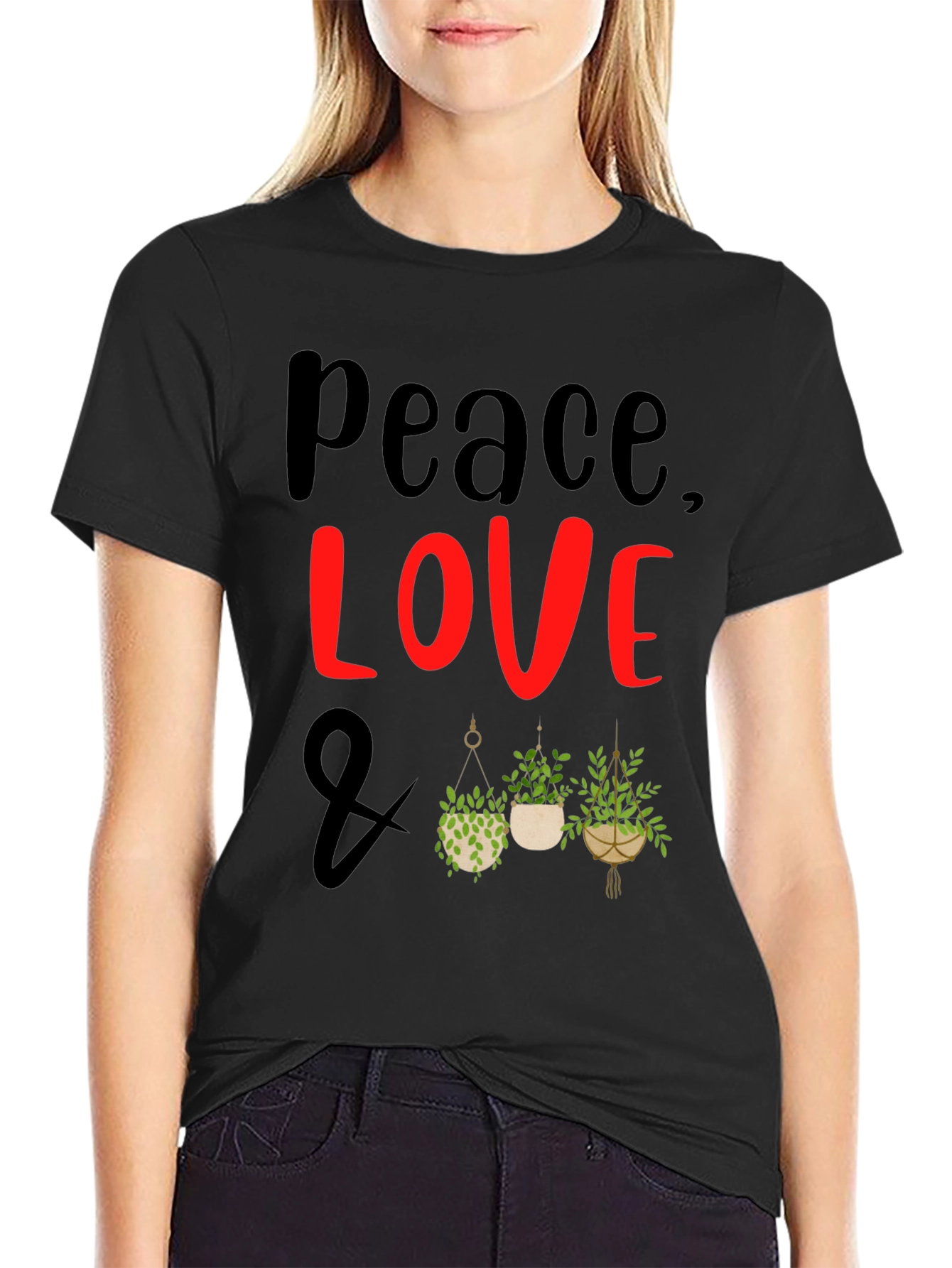 Peace Love Plants Graphic Tee - Black Casual T-Shirt