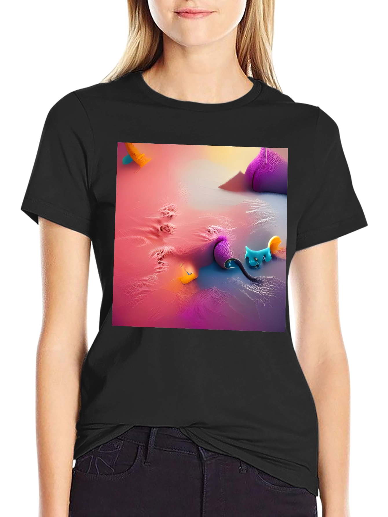 Fantasy Cat Graphic Tee - Black Cotton Blend