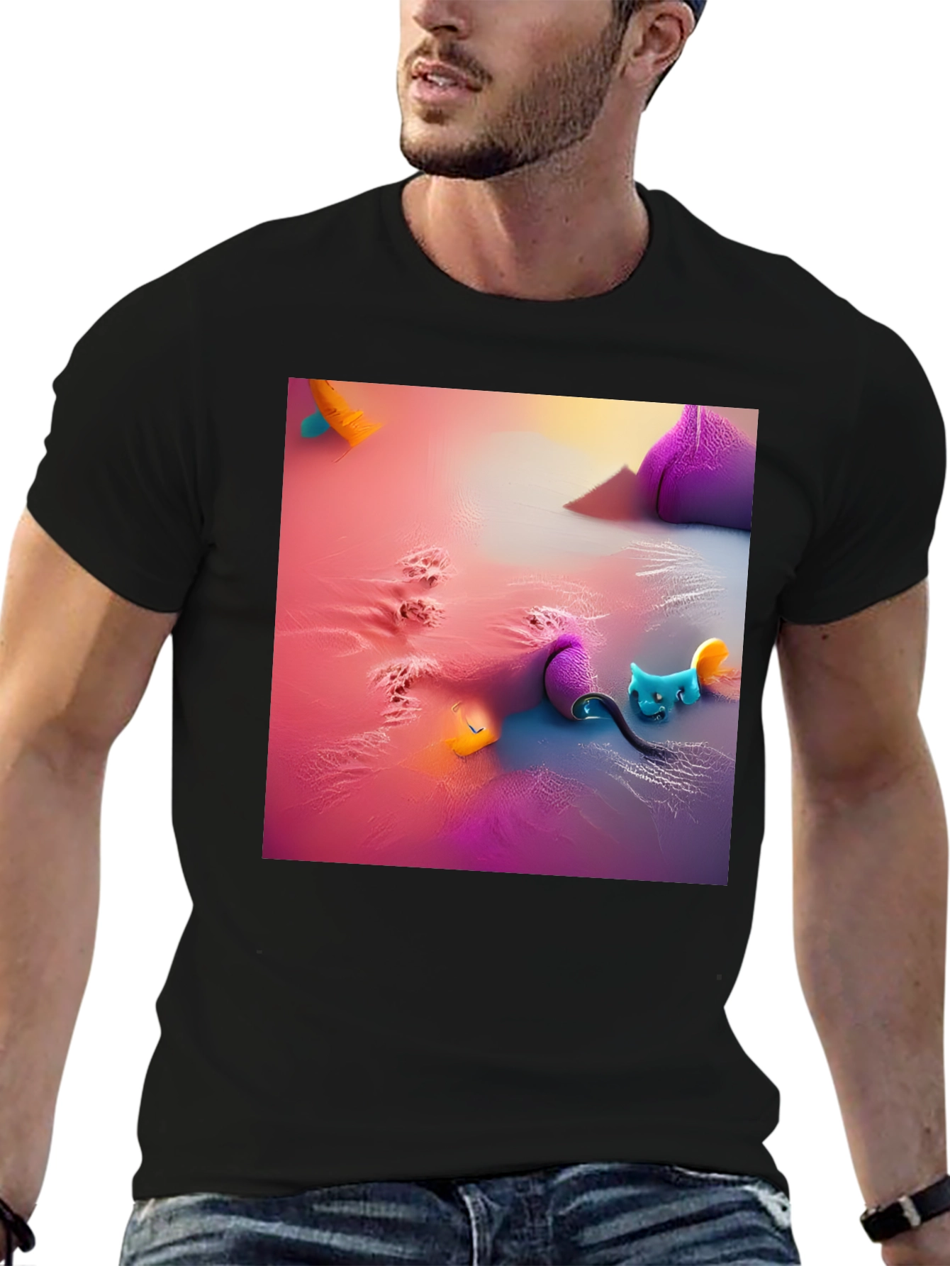 Fantasy Cat Graphic Tee - Black Cotton Blend
