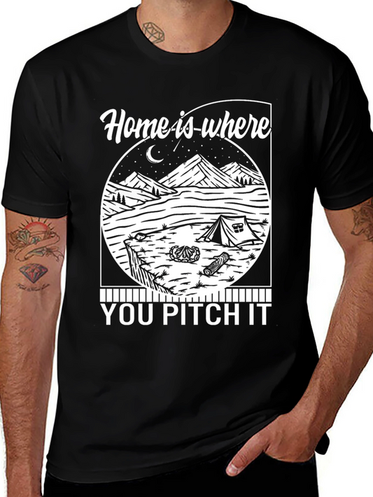 Camping T-Shirt: Home is Where You Pitch It - Black Cotton Tee