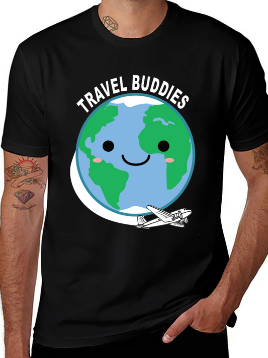 Travel Buddies Graphic Tee - Earth & Airplane Design