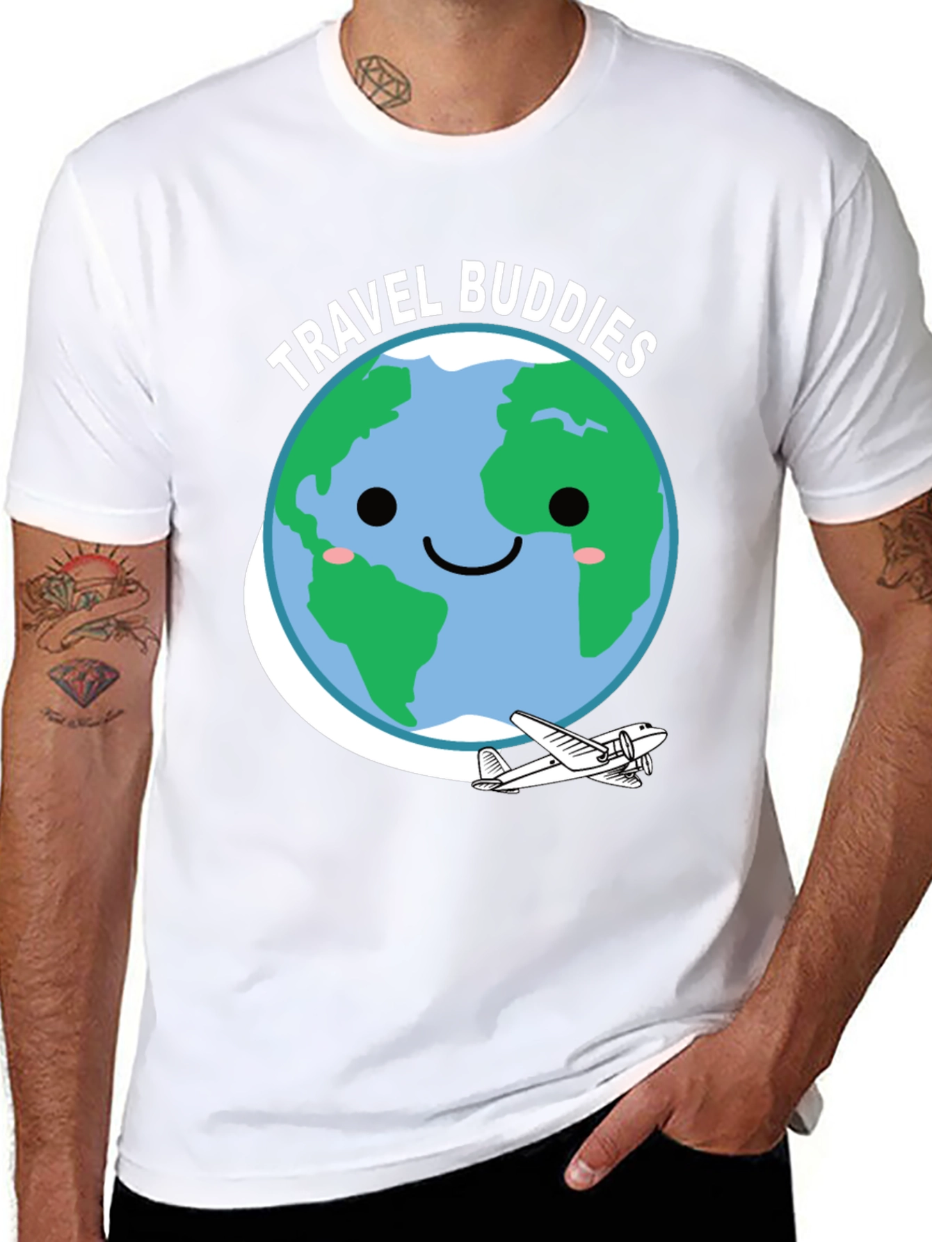 Travel Buddies Graphic Tee - Earth & Airplane Design