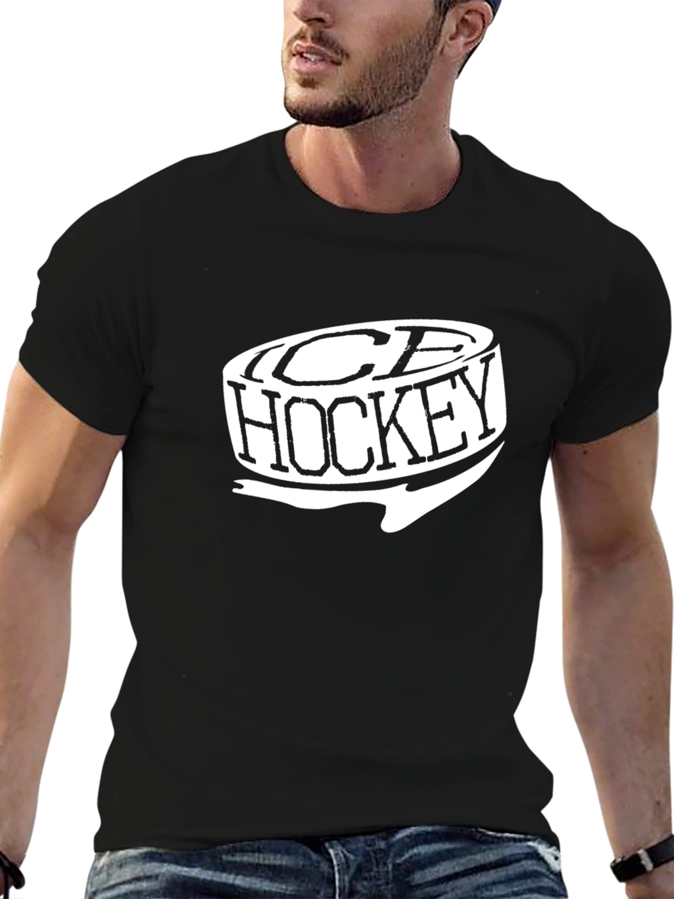 Ice Hockey Graphic Tee - Black Cotton T-Shirt