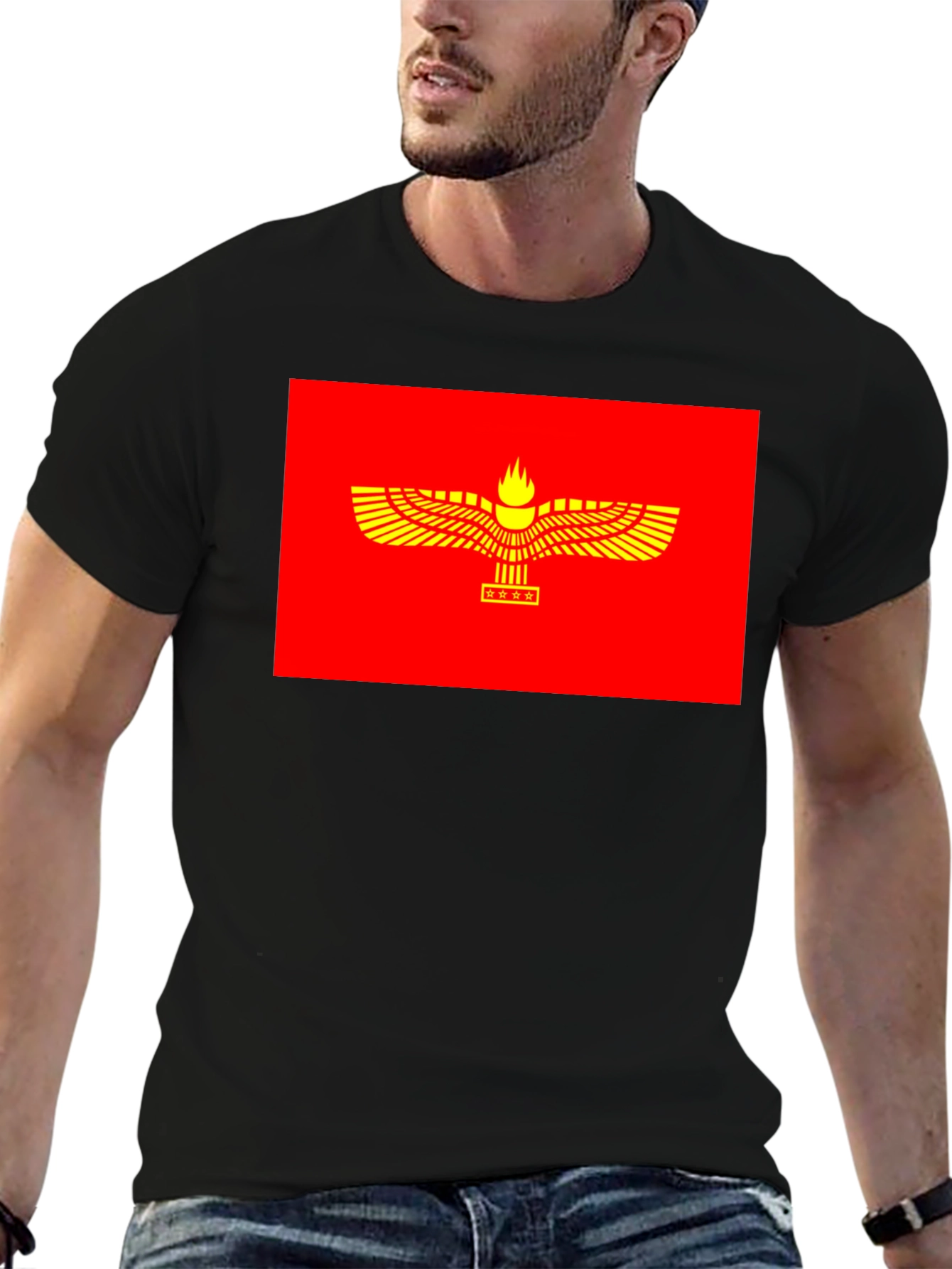 Faravahar Symbol Graphic Tee - Red & Gold