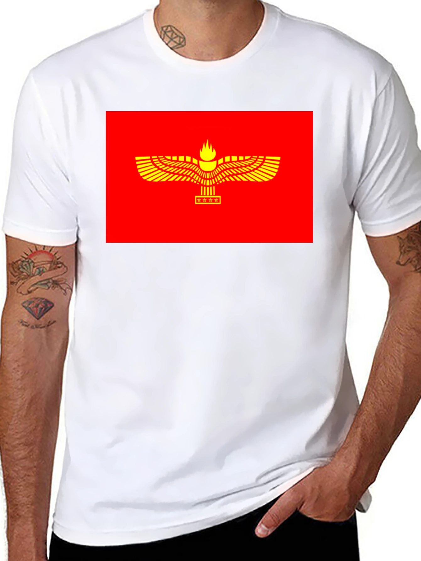 Faravahar Symbol Graphic Tee - Red & Gold