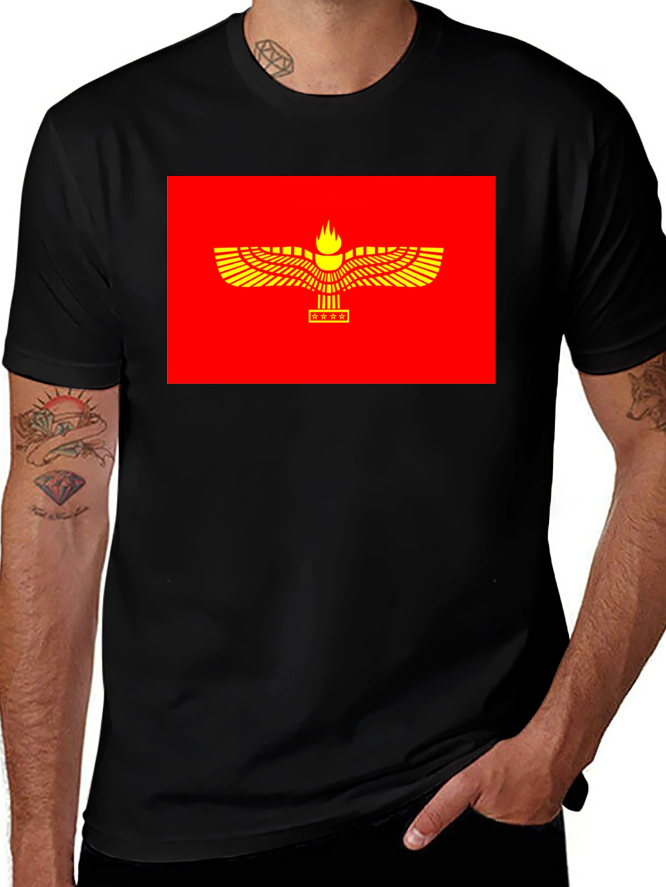 Faravahar Symbol Graphic Tee - Red & Gold