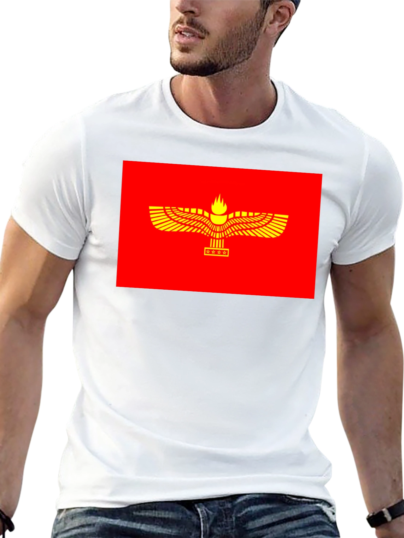 Faravahar Symbol Graphic Tee - Red & Gold