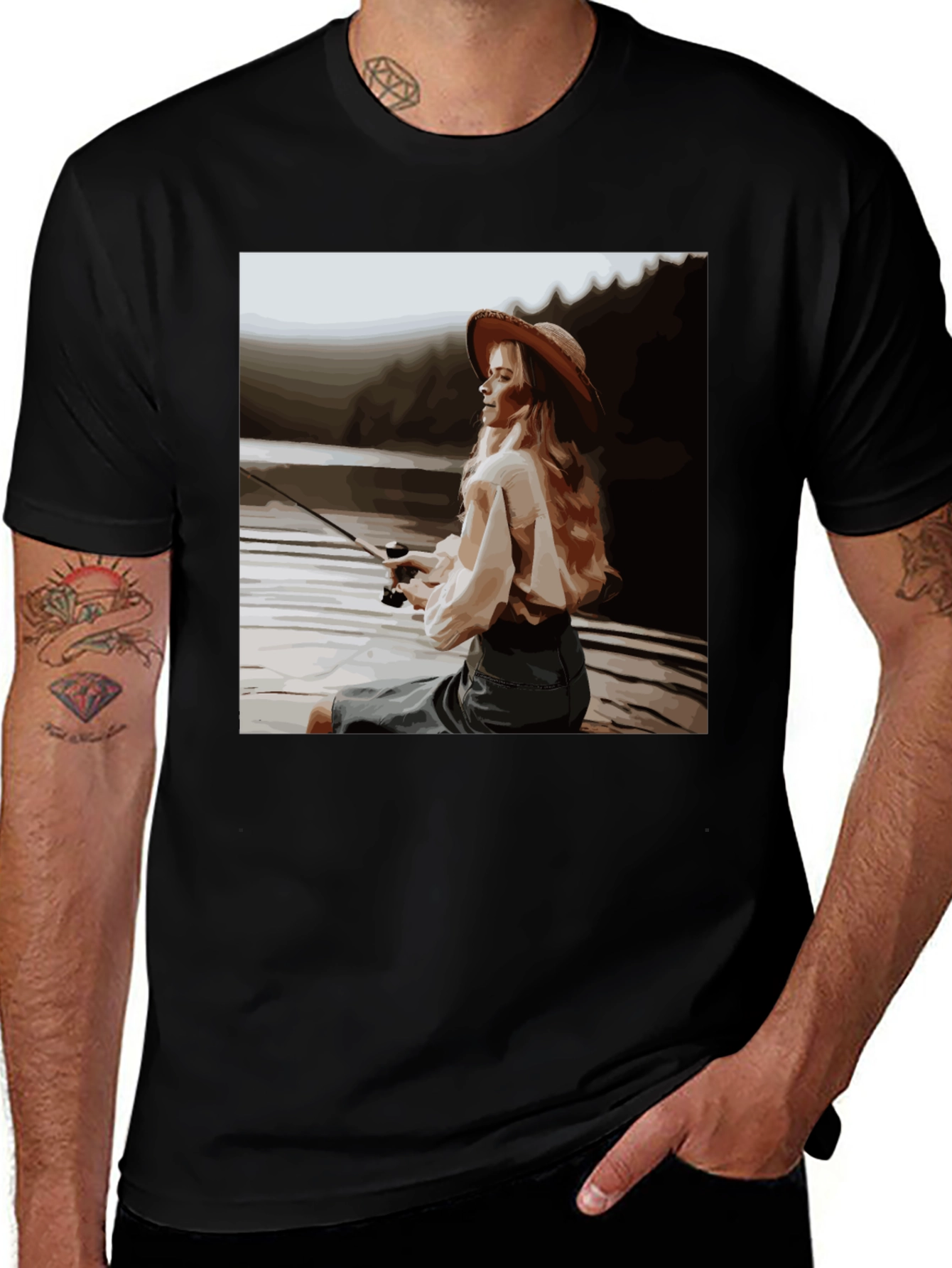 Woman Fishing Graphic Tee - Black Cotton T-Shirt