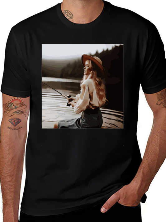 Woman Fishing Graphic Tee - Black Cotton T-Shirt