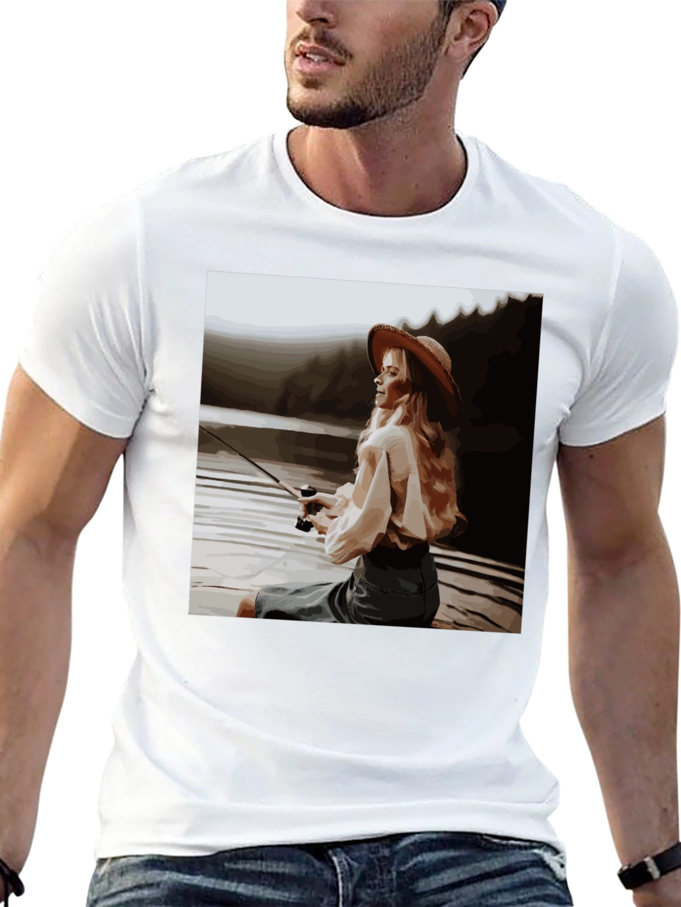 Woman Fishing Graphic Tee - Black Cotton T-Shirt