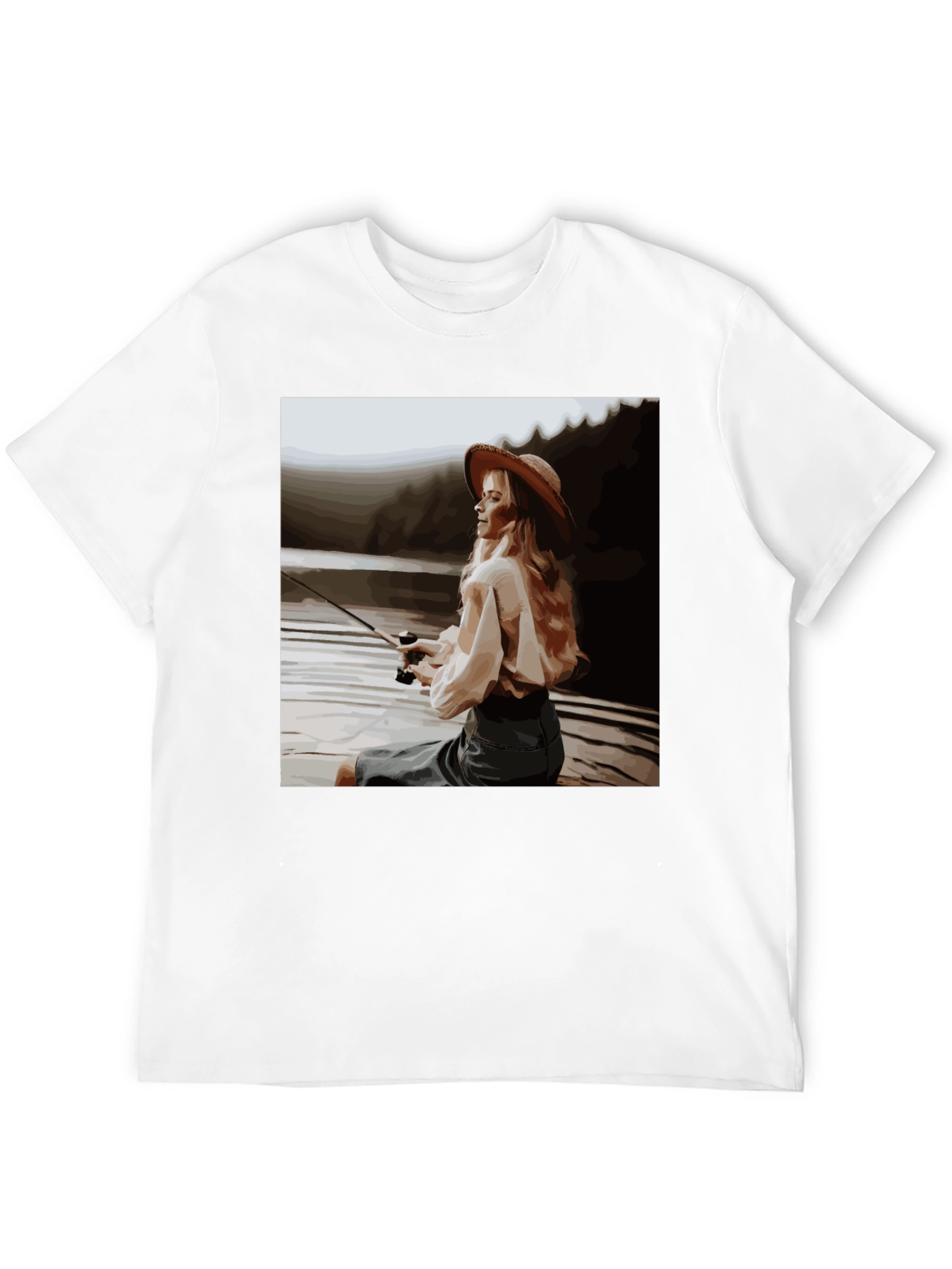 Woman Fishing Graphic Tee - Black Cotton T-Shirt