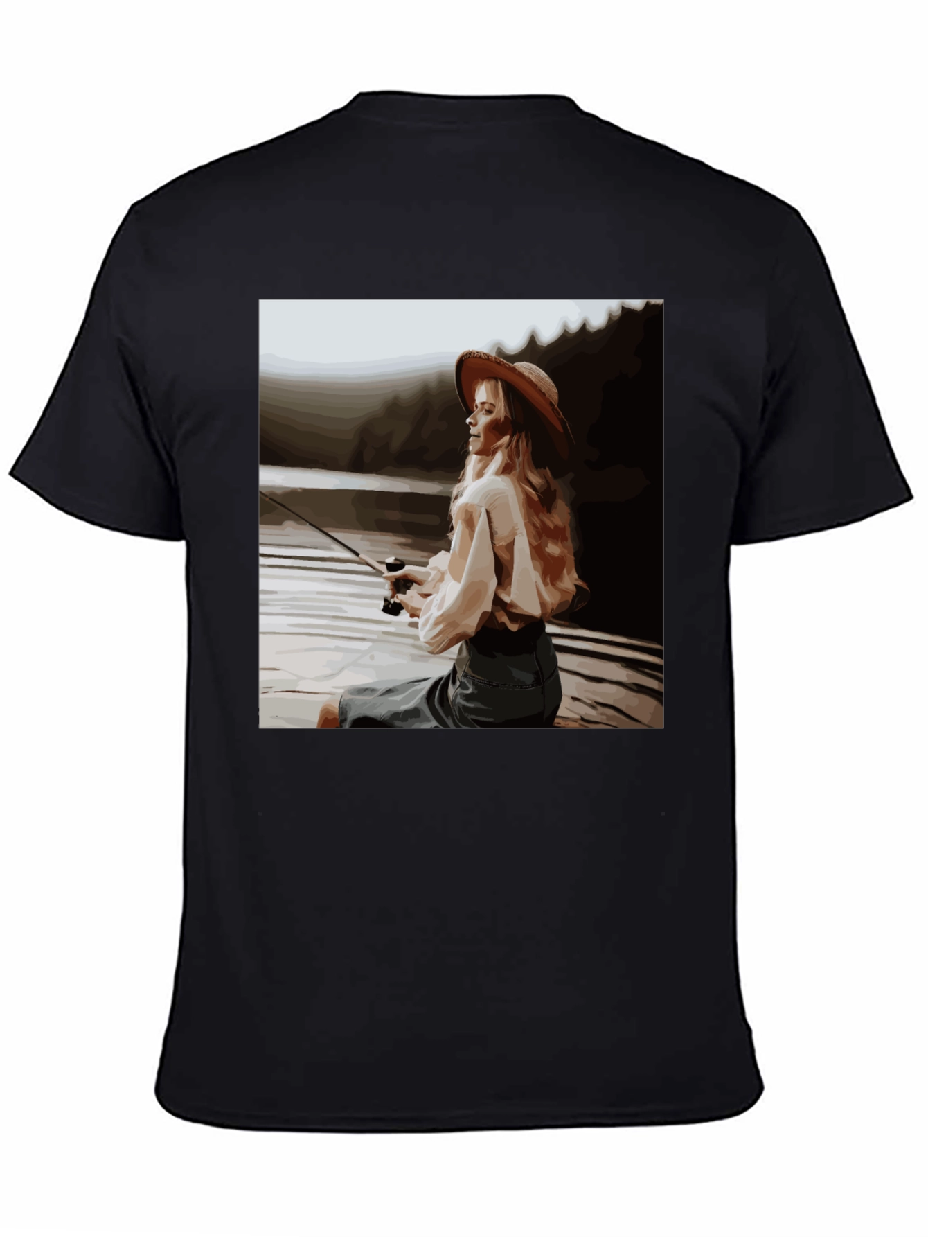 Woman Fishing Graphic Tee - Black Cotton T-Shirt