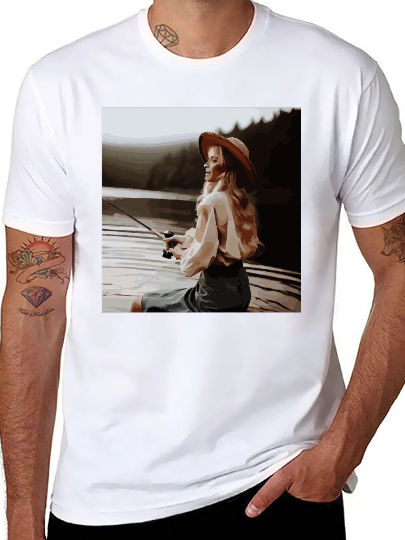 Woman Fishing Graphic Tee - Black Cotton T-Shirt