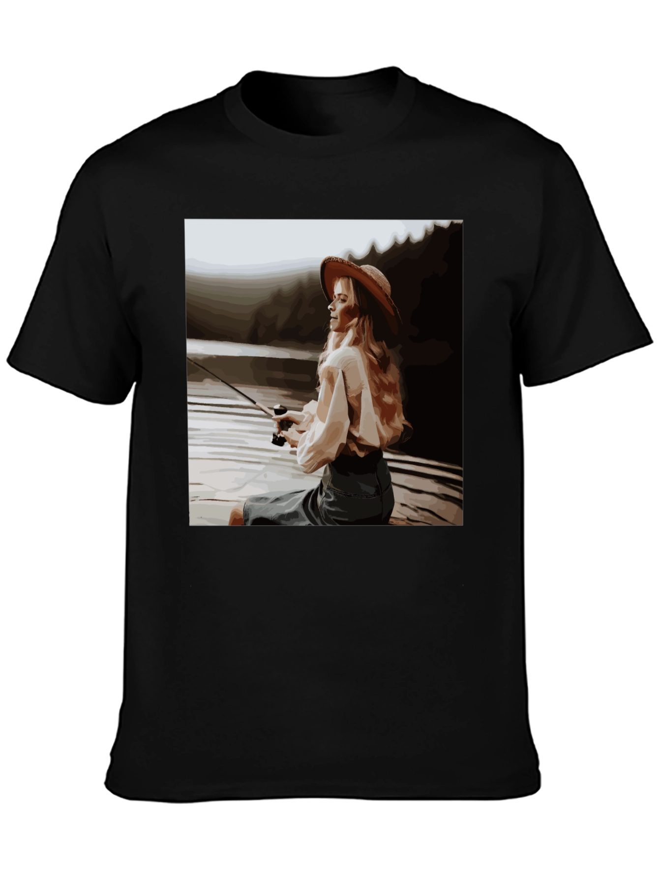 Woman Fishing Graphic Tee - Black Cotton T-Shirt