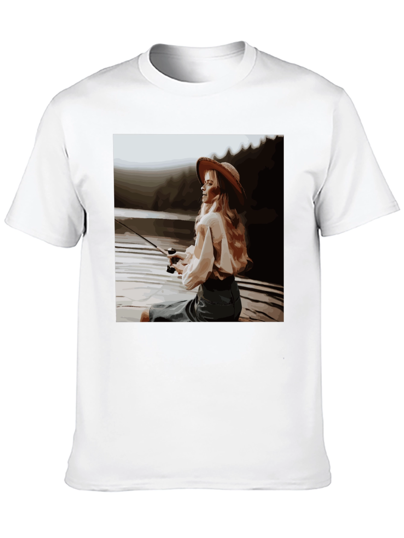 Woman Fishing Graphic Tee - Black Cotton T-Shirt