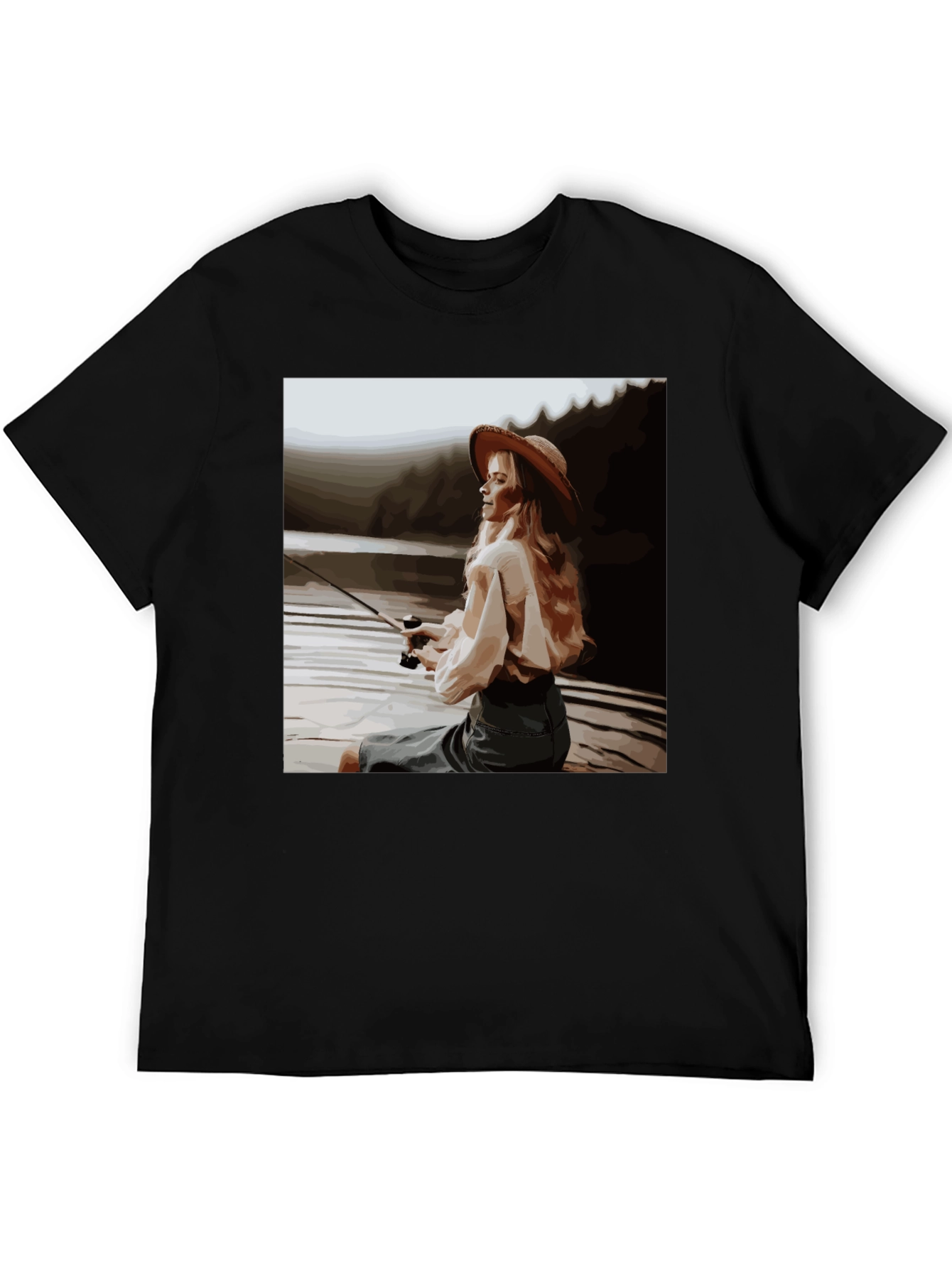 Woman Fishing Graphic Tee - Black Cotton T-Shirt