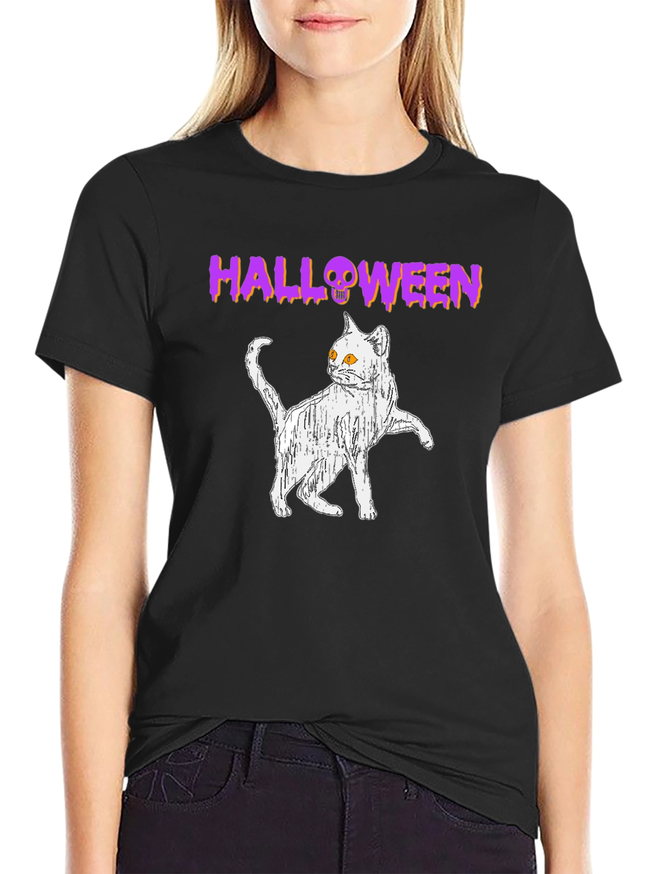 Halloween Cat Graphic Tee - Spooky Season Shirt