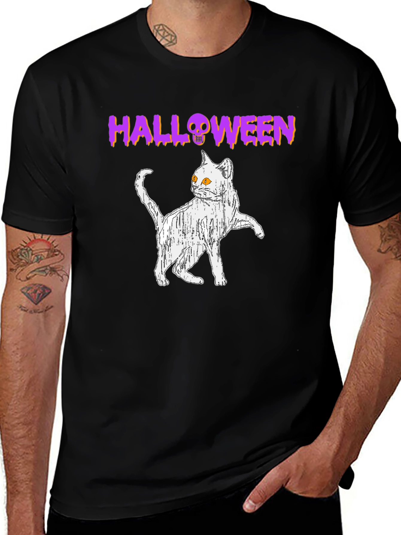 Halloween Cat Graphic Tee - Spooky Season Shirt