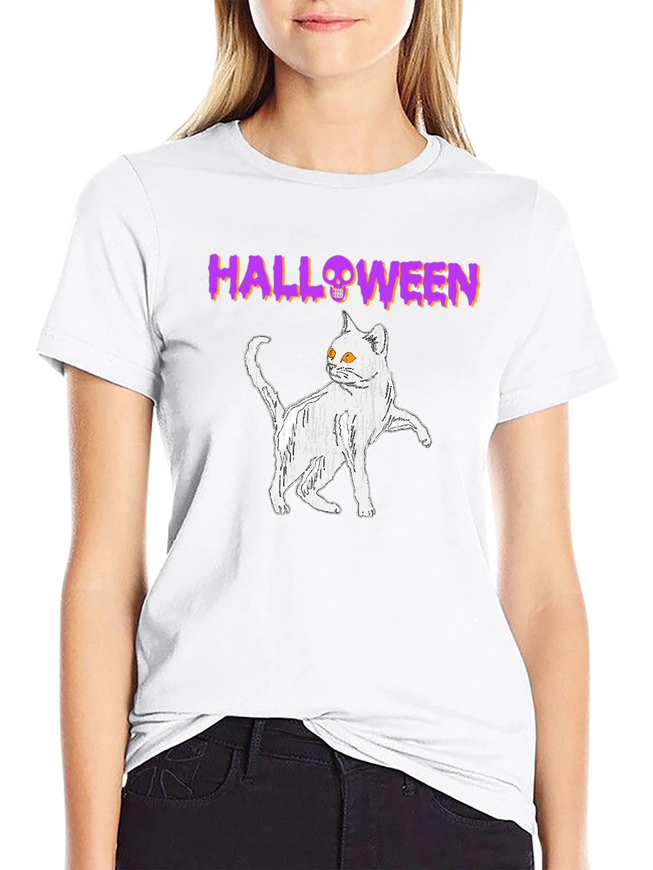 Halloween Cat Graphic Tee - Spooky Season Shirt