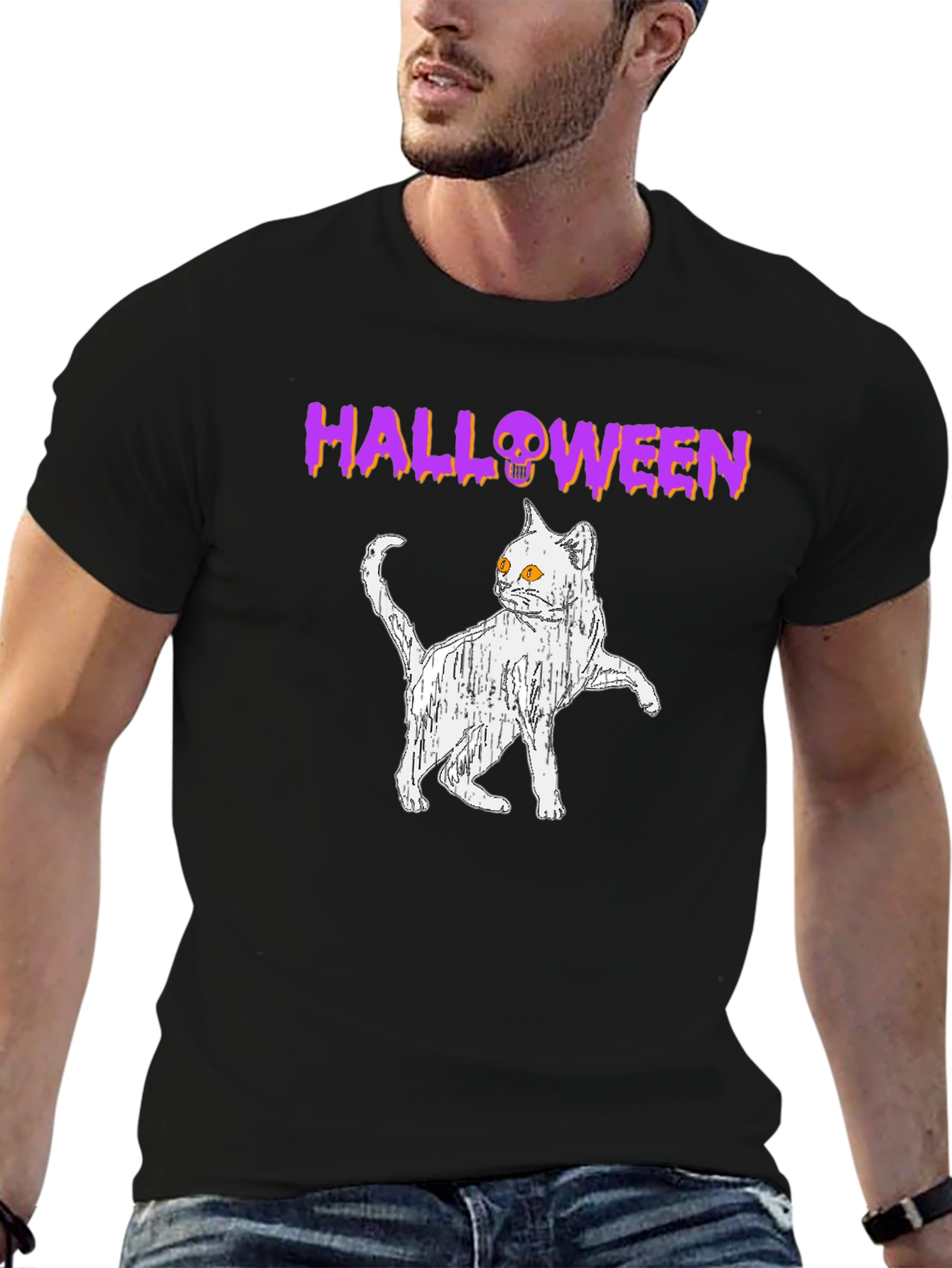 Halloween Cat Graphic Tee - Spooky Season Shirt