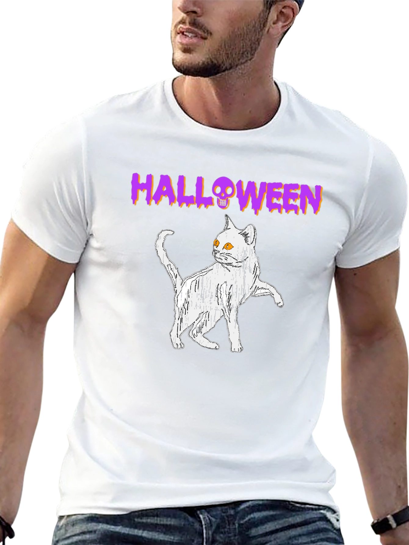 Halloween Cat Graphic Tee - Spooky Season Shirt