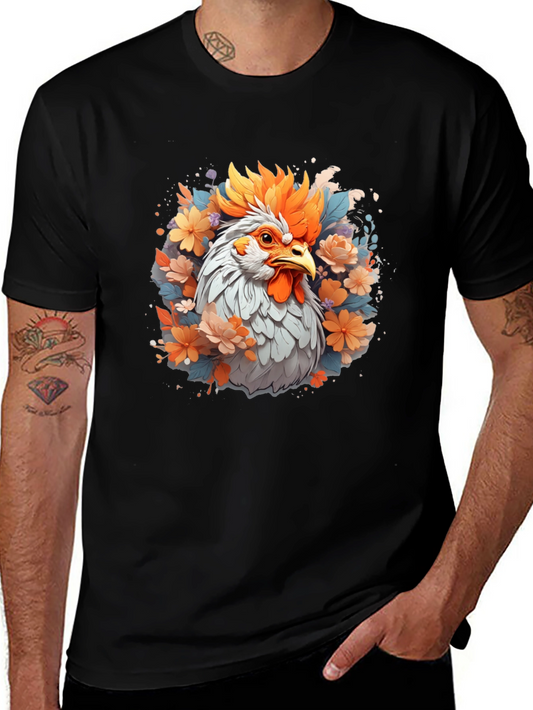 Floral Rooster Graphic Tee - Mens Black T-Shirt