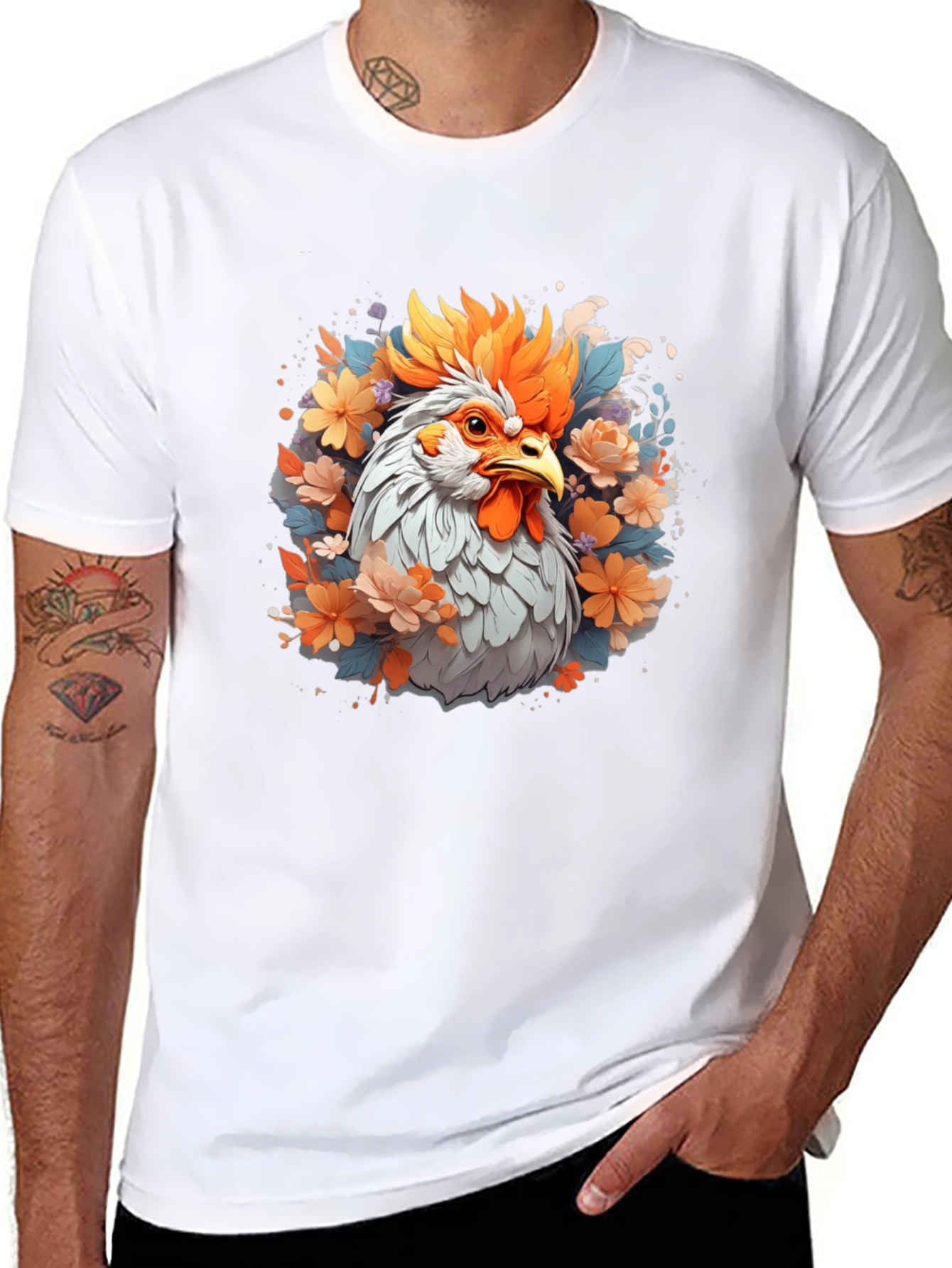 Floral Rooster Graphic Tee - Mens Black T-Shirt