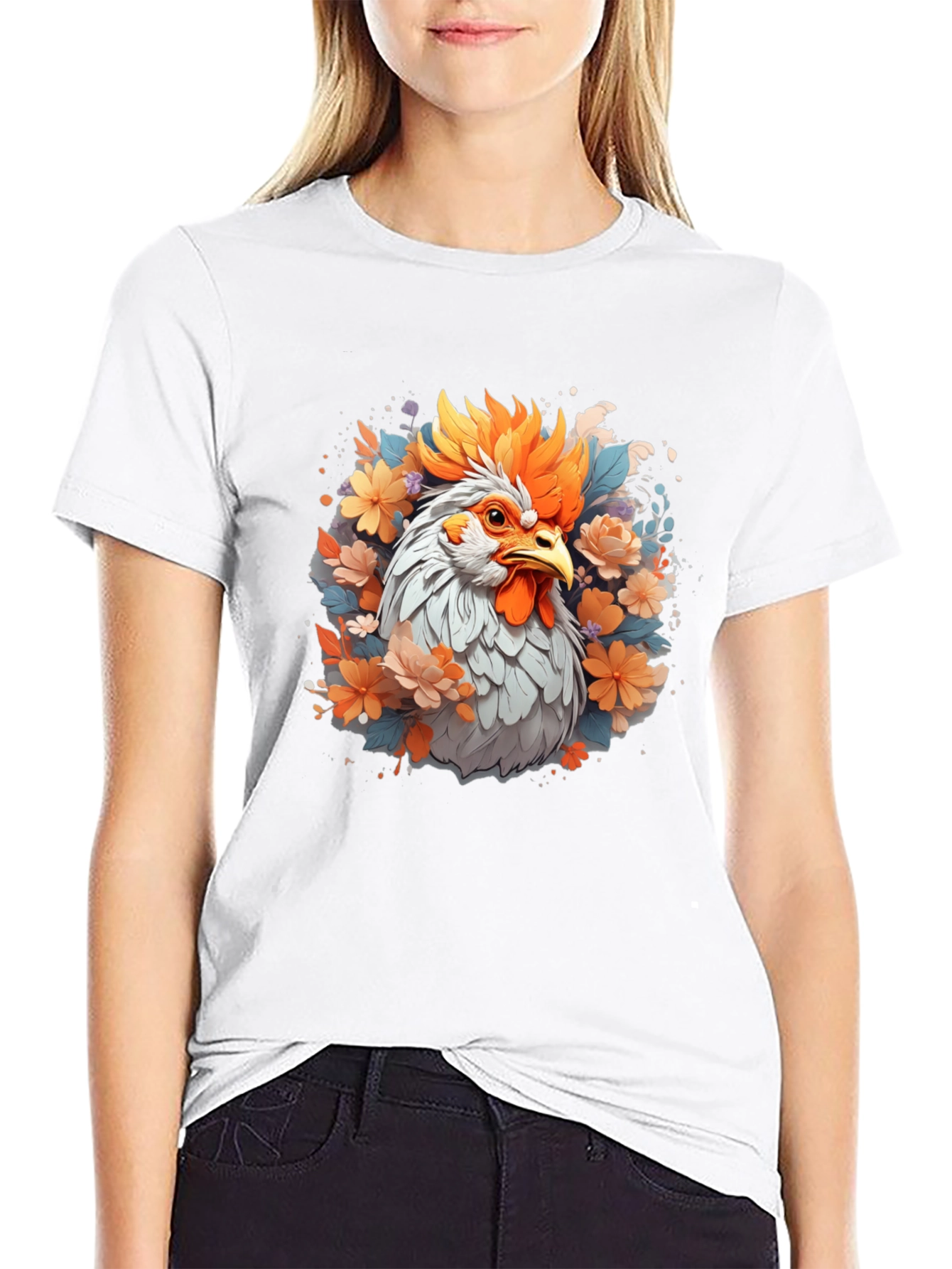 Floral Rooster Graphic Tee - Mens Black T-Shirt