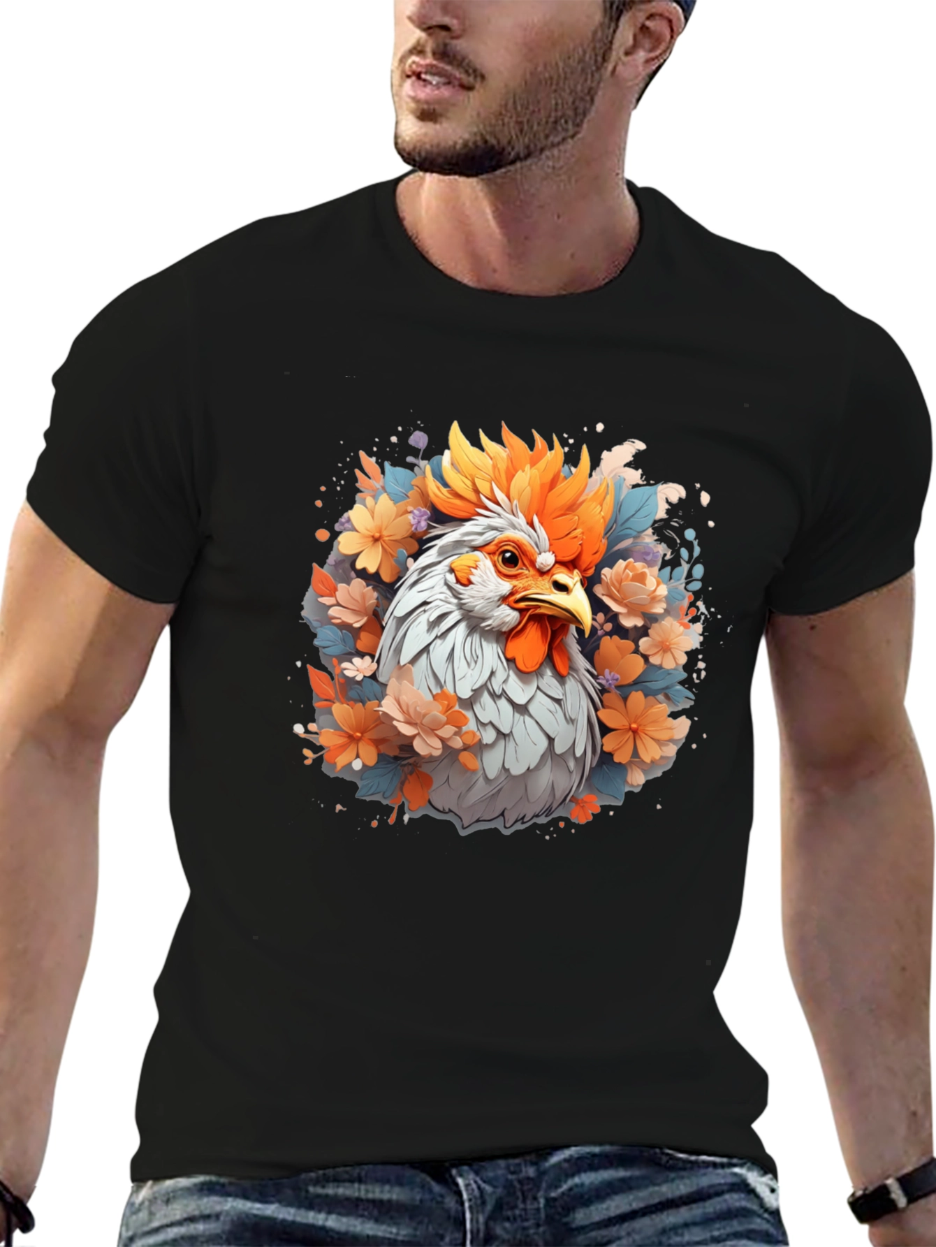 Floral Rooster Graphic Tee - Mens Black T-Shirt