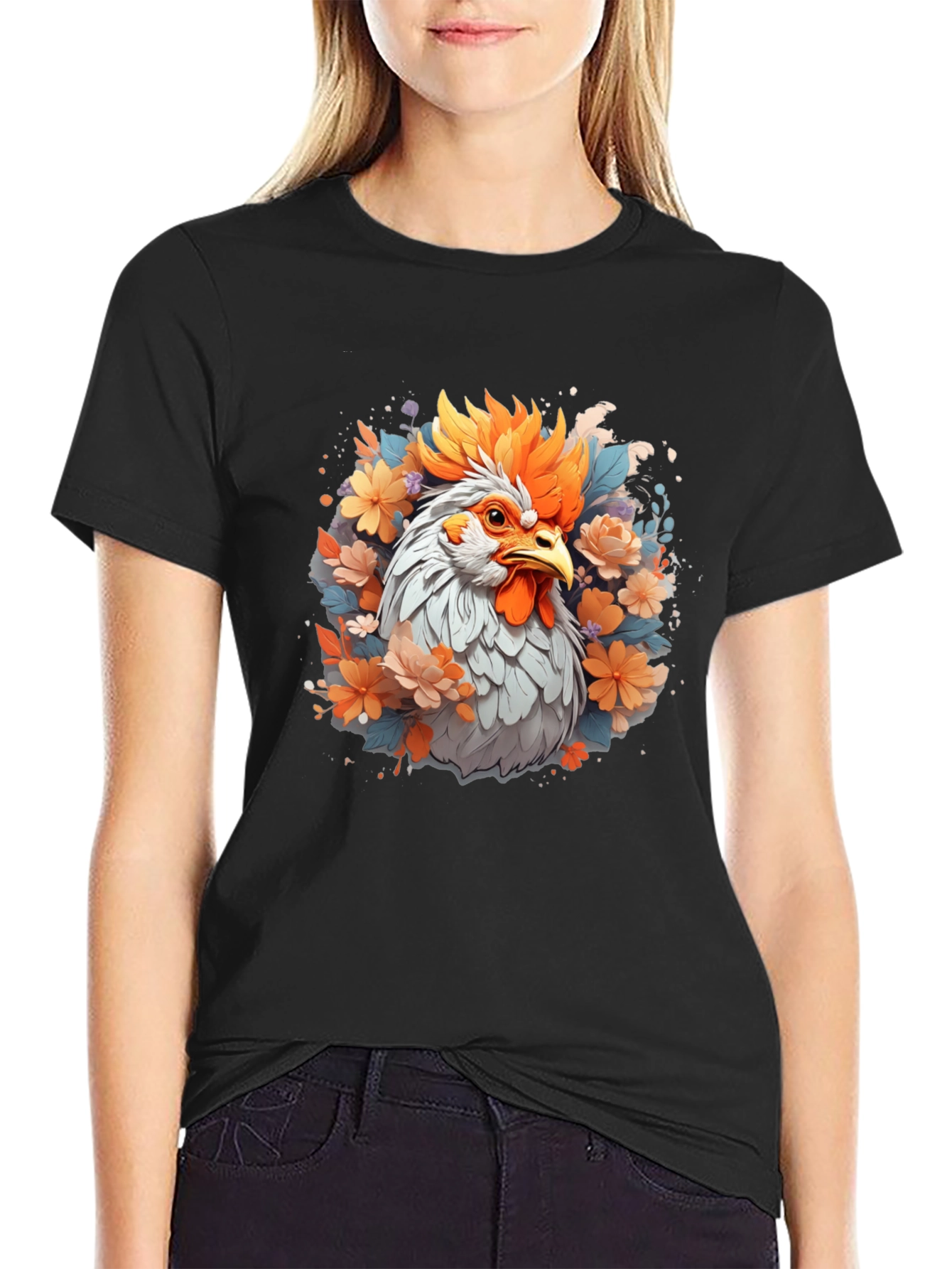 Floral Rooster Graphic Tee - Mens Black T-Shirt