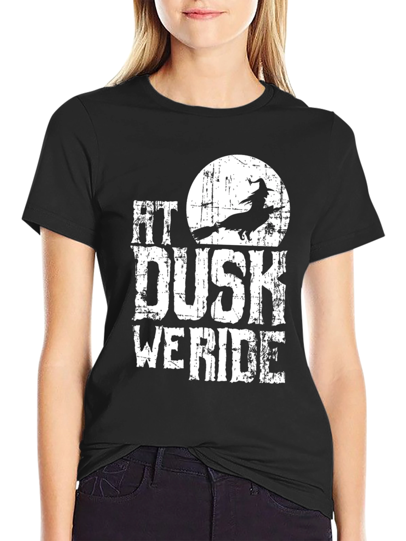At Dusk We Ride T-Shirt - Halloween Witch Silhouette