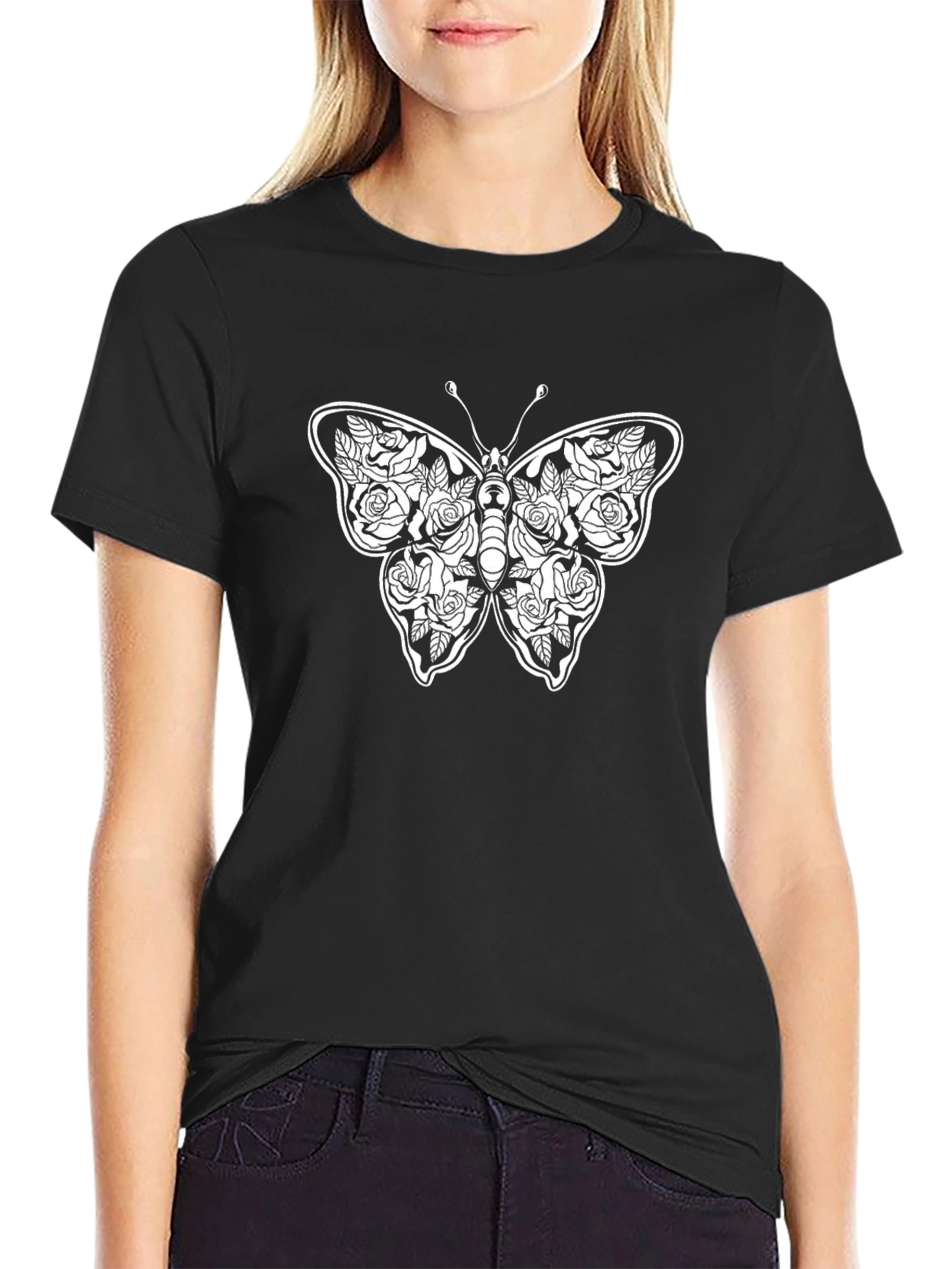 Floral Butterfly Graphic Tee - Black