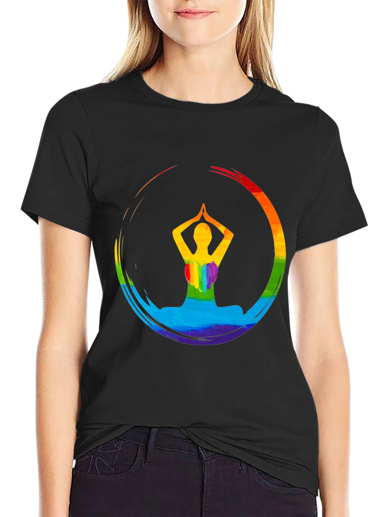 Rainbow Yoga Pose Graphic Tee - Mens Black T-Shirt