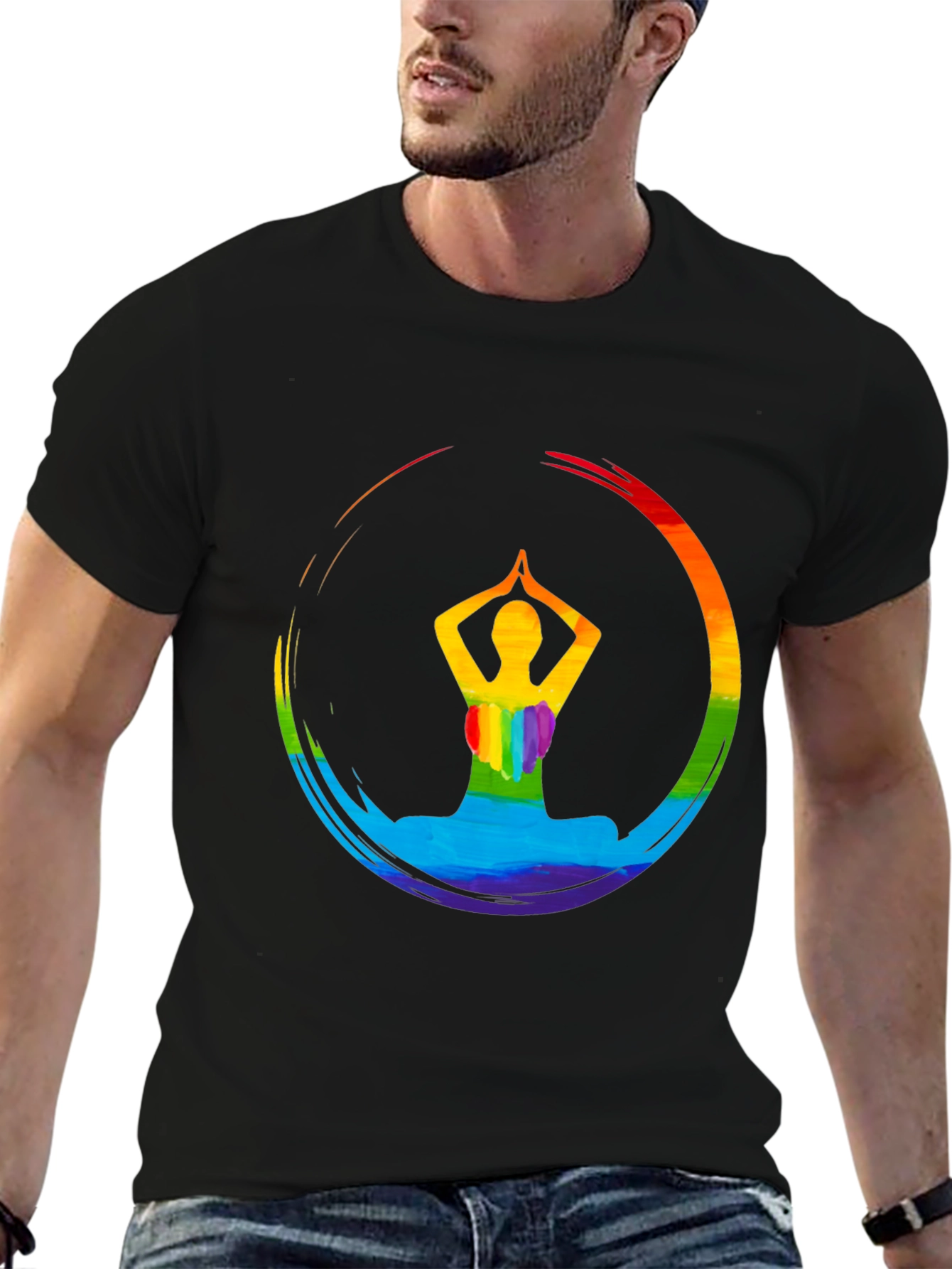 Rainbow Yoga Pose Graphic Tee - Mens Black T-Shirt