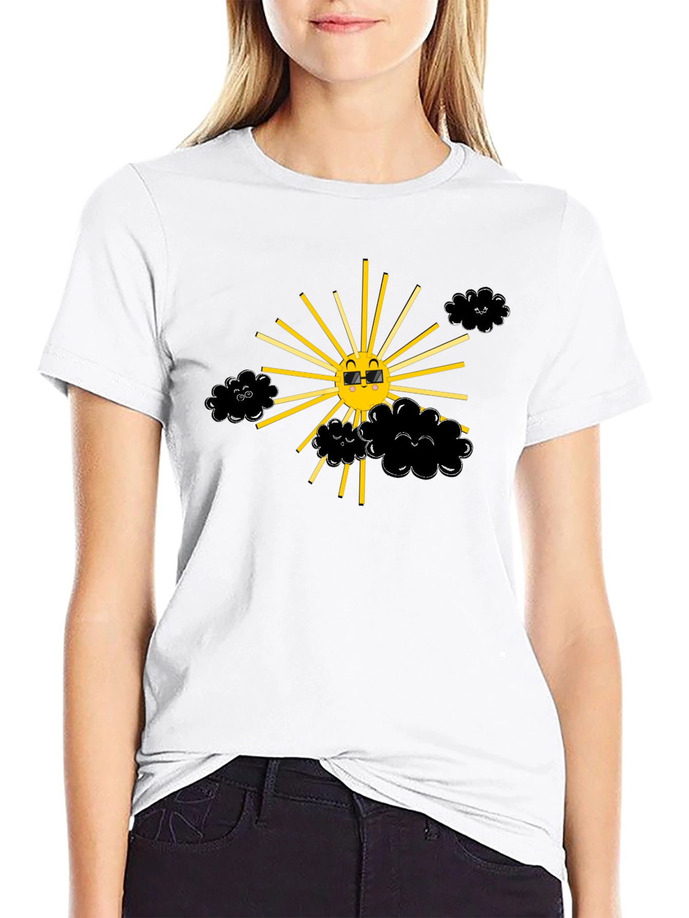 Smiling Sun with Clouds Black T-Shirt