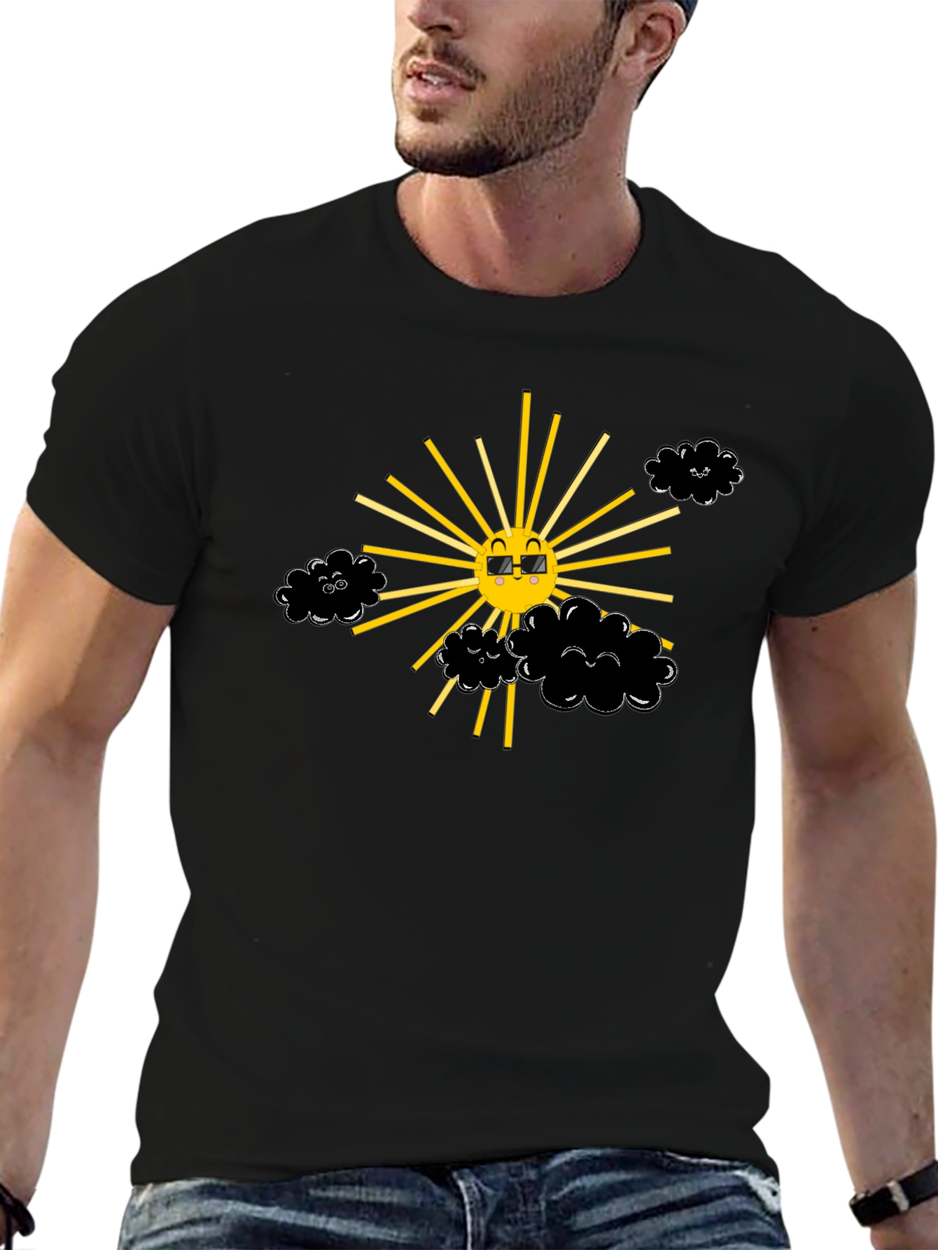 Smiling Sun with Clouds Black T-Shirt