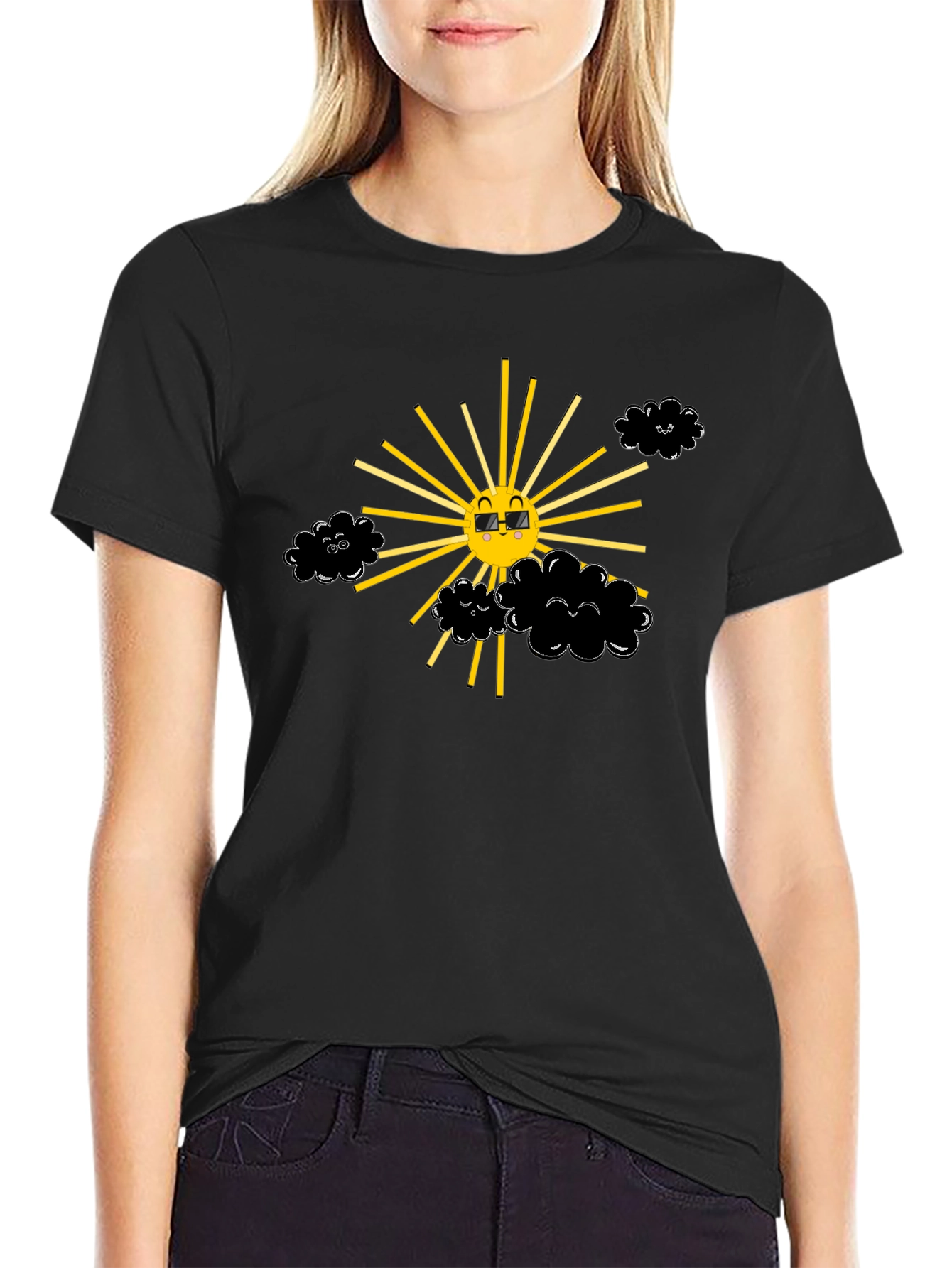 Smiling Sun with Clouds Black T-Shirt