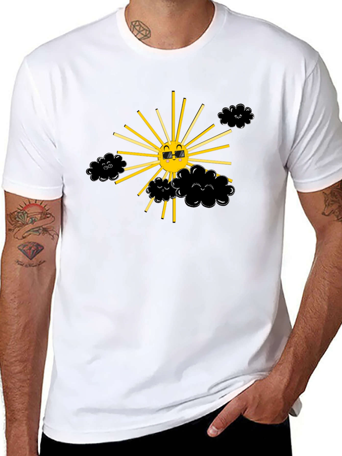 Smiling Sun with Clouds Black T-Shirt