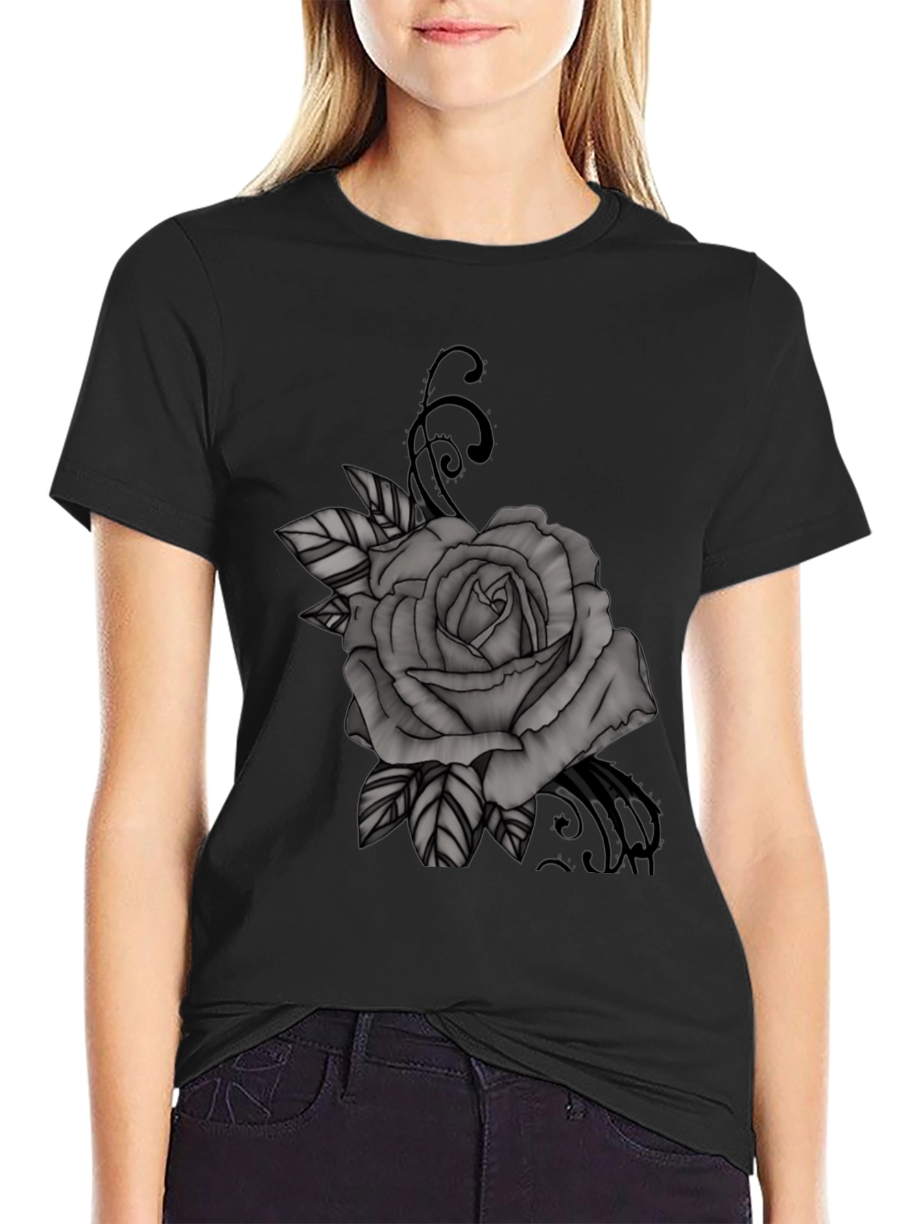 Black T-Shirt with Gray Rose Graphic