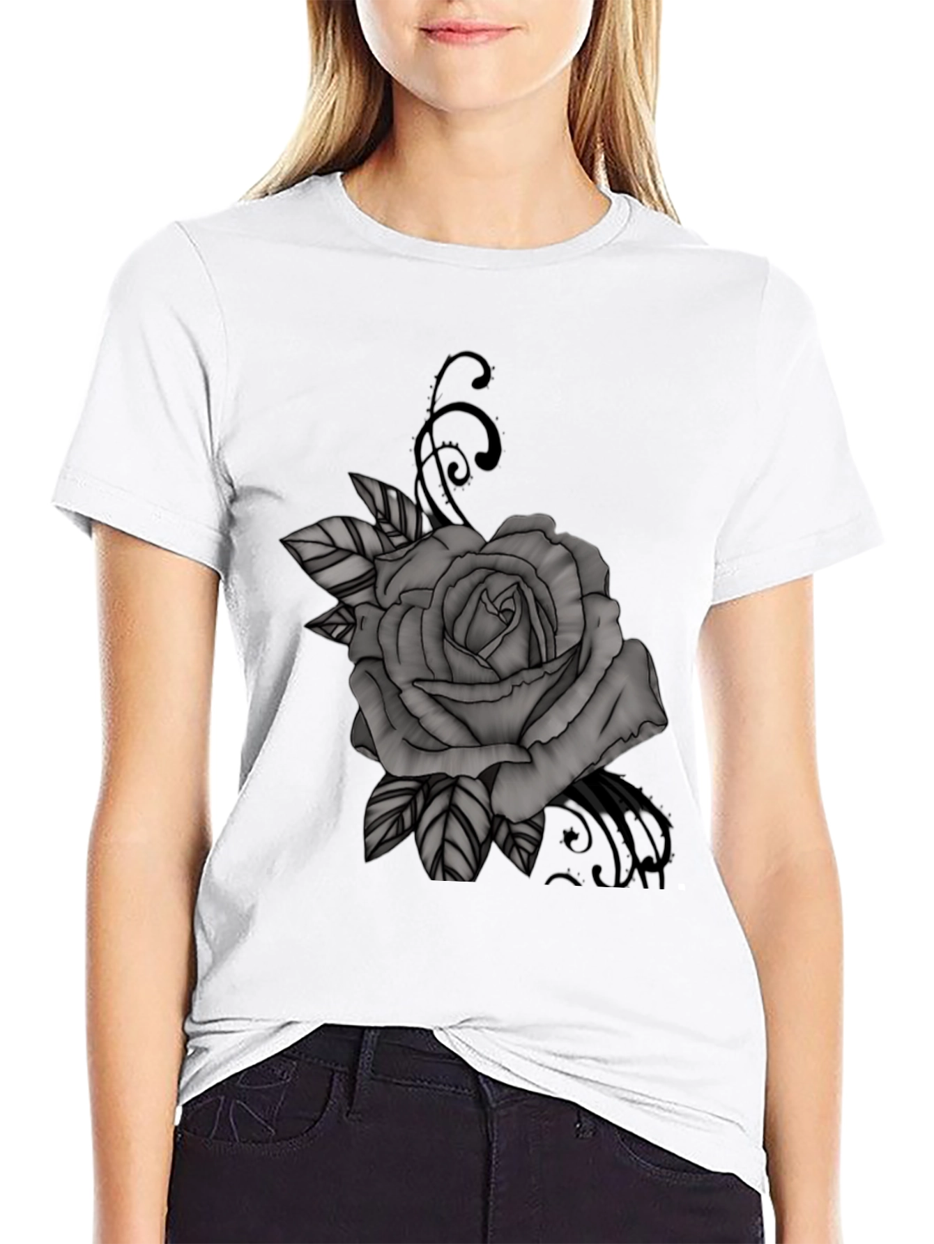 Black T-Shirt with Gray Rose Graphic